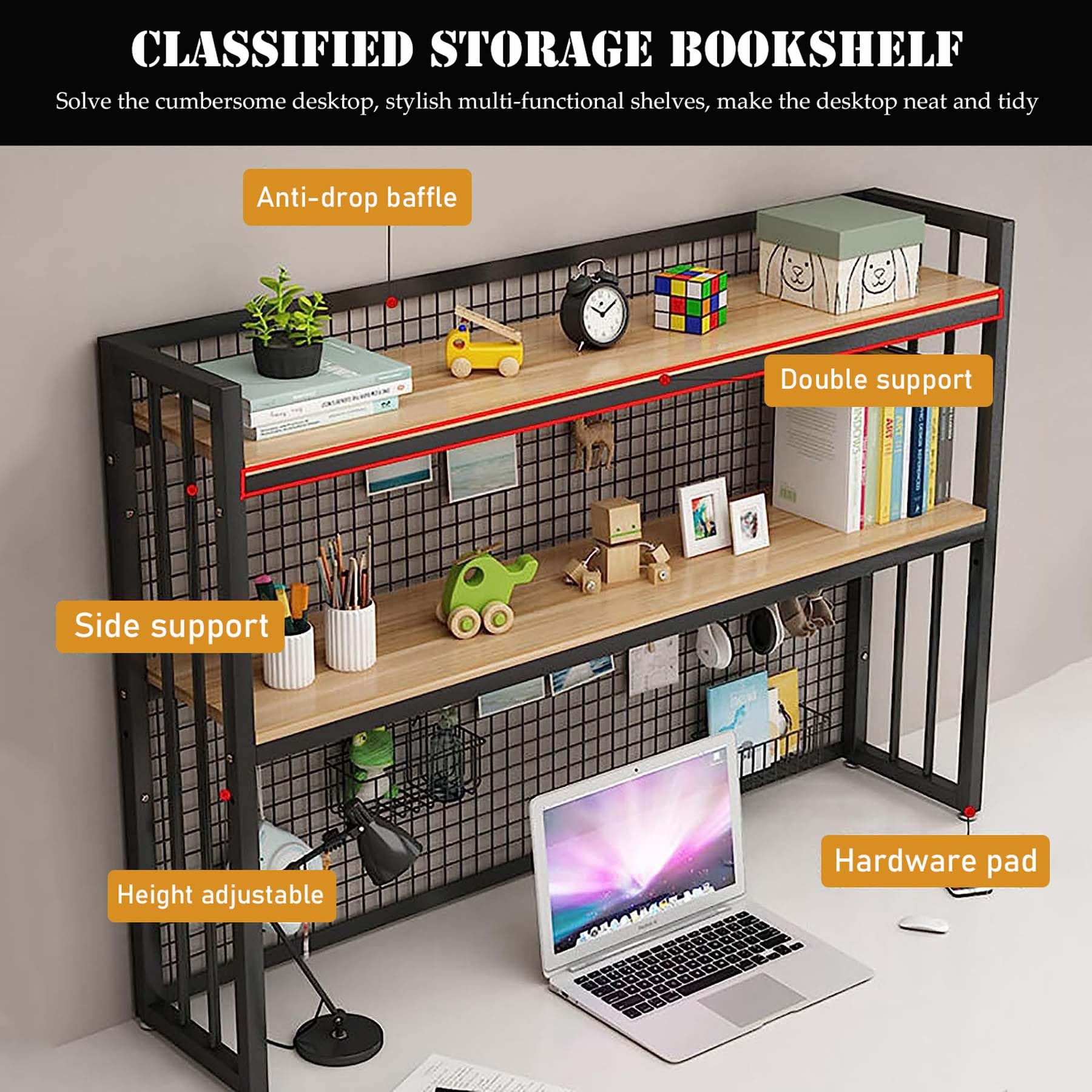 2 Tier Adjustable Wood Desktop Bookcase - 105x24x89cm White Office Bookshelf Organizer for Computer Desk, Home Office Supplies & Display | Perfect for Small Spaces, Workspaces & Book Storage