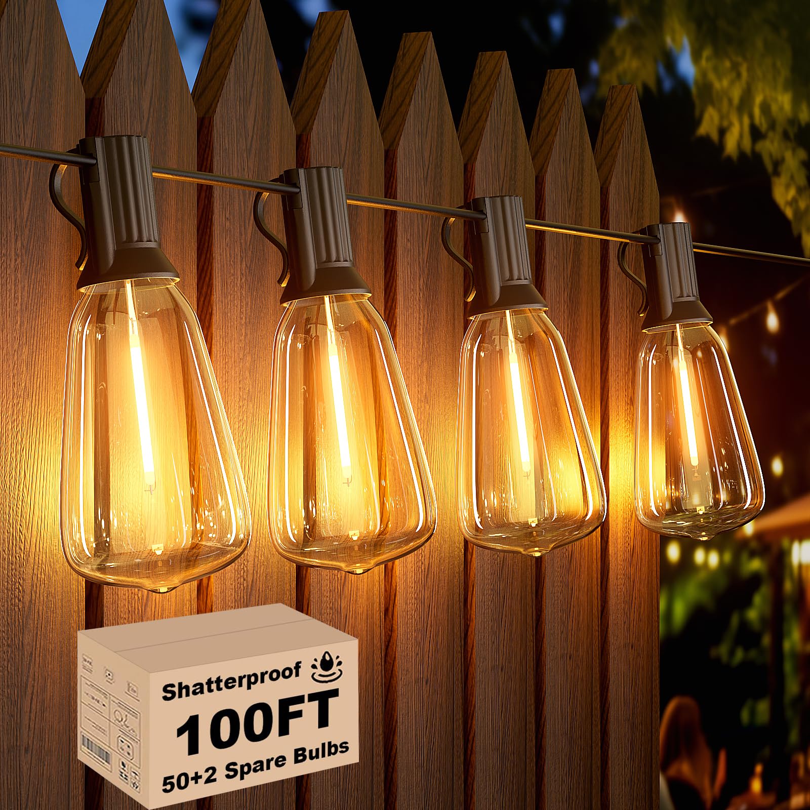 Svater 100ft Outdoor String Lights - 52 Waterproof Shatterproof LED Bulbs (Includes 2 Spare) | Connectable Patio Lights for Backyard, Garden, Porch & Outdoor Decor | Perfect for Parties, Weddings & Evening Ambiance