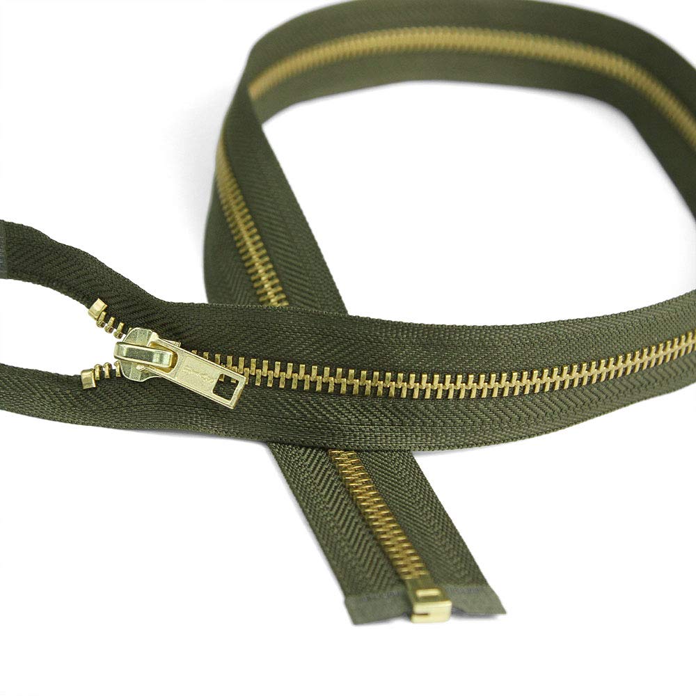 #5 Gold Metal Teeth Open End Zipper - 22 Inch Dark Drab Green Separating Zipper for Jackets & Bags - Premium Bias Bespoke Brand for Outerwear & DIY Fashion Projects