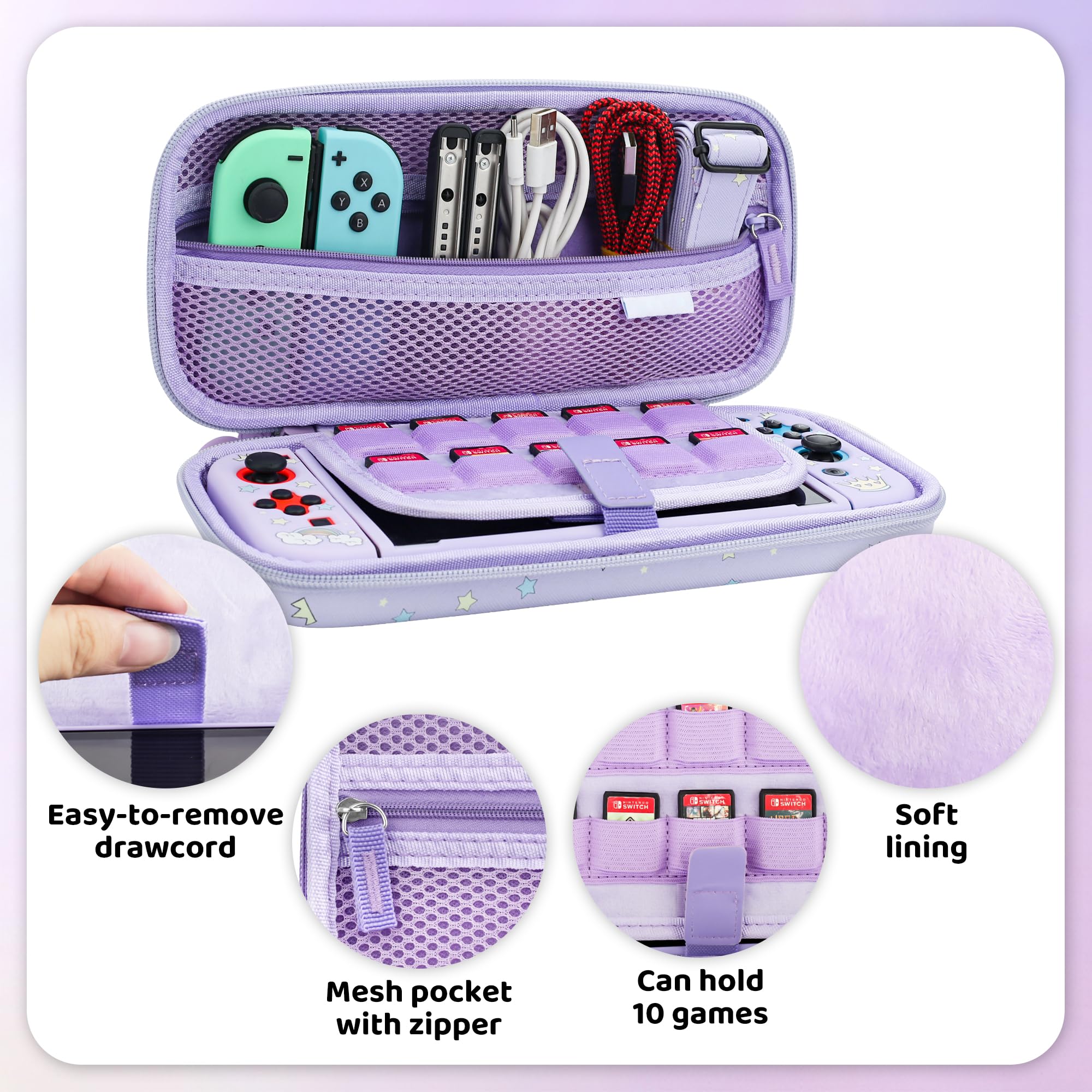 **RHOTALL Nintendo Switch Carrying Case Set - Purple Protective Storage Case with Screen Protector, Adjustable Shoulder Strap & 2 Thumb Caps - Perfect for Travel, Gaming On-The-Go & Switch Accessories Organization**
