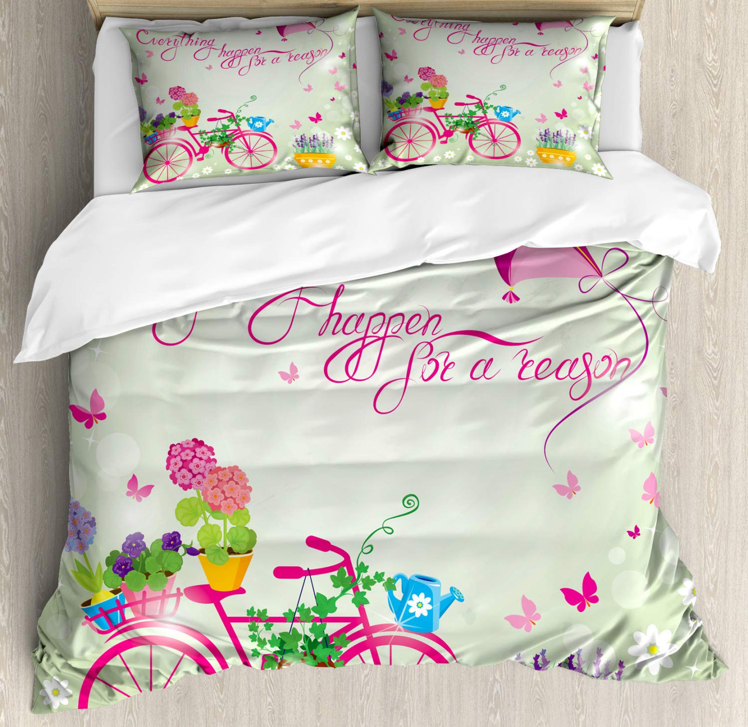 Ambesonne 'Everything Happens for a Reason' Duvet Cover Set - King Size 3 Piece Bedding with Bicycle & Kite Design, Calligraphy Print, Multicolor - Perfect for Spring Bedroom Decor & Boho Chic Home Styling