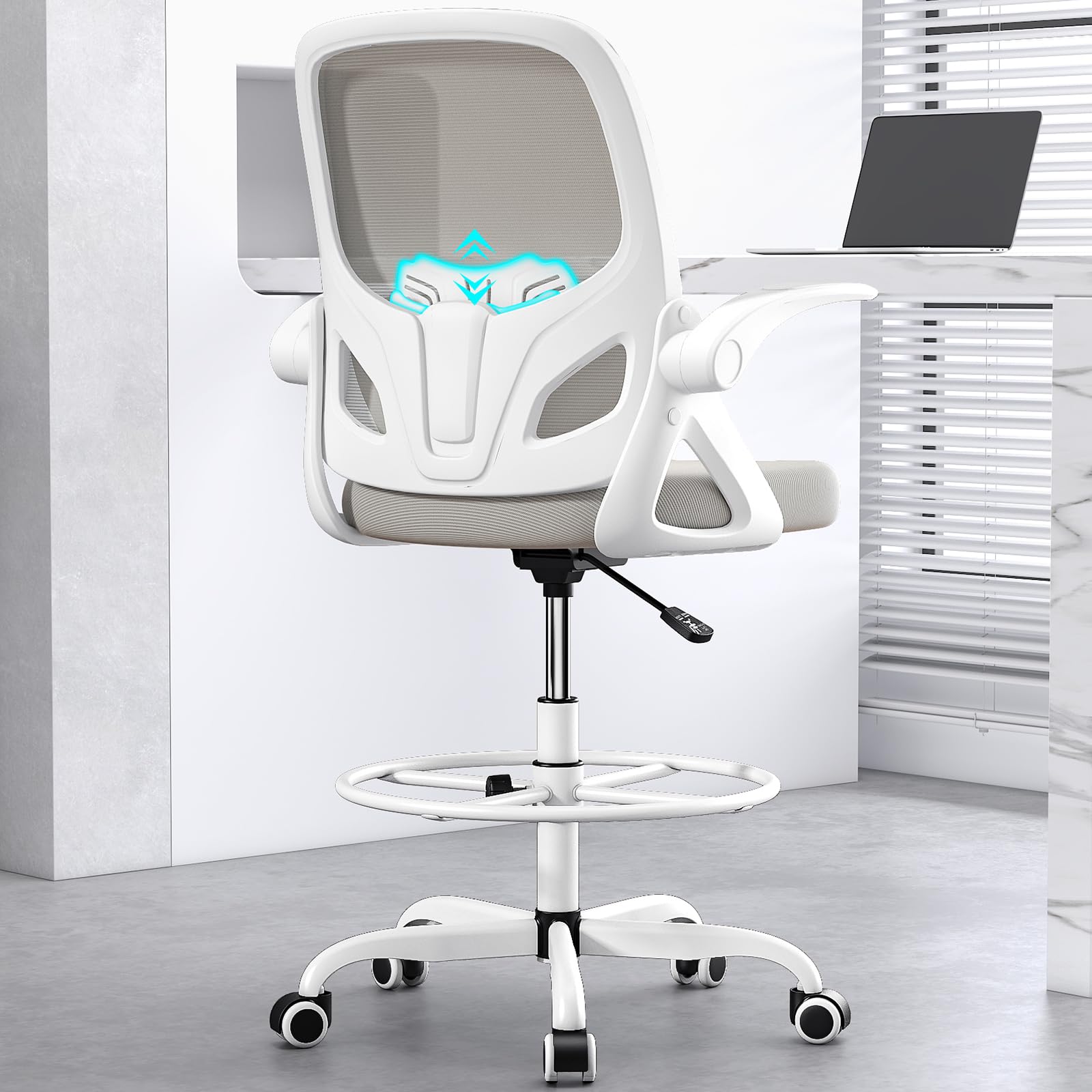 Ergonomic Tall Drafting Chair with Footrest Ring - Adjustable Height Office Chair with Flip-Up Arms & Lumbar Support for Home & Work (Gray) - Perfect for Architects, Artists & Long Work Sessions at Standing Desks