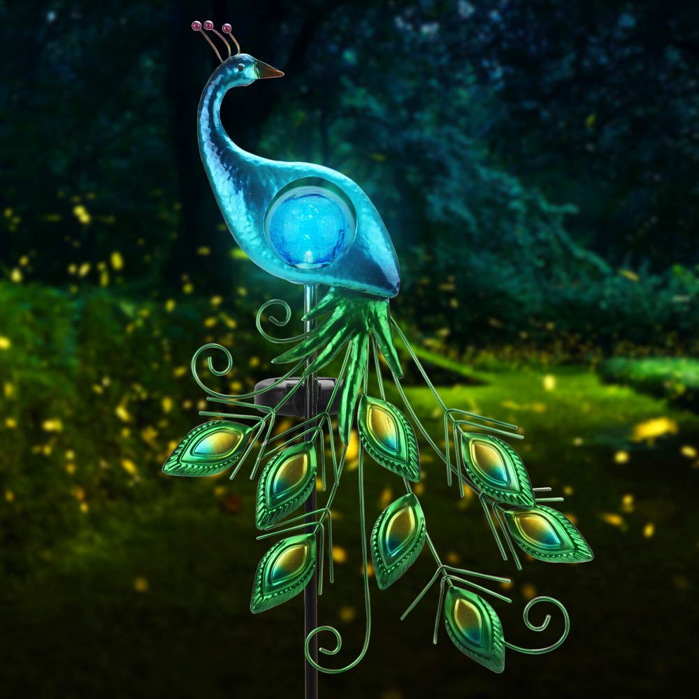CHINLY Metal Peacock Solar Garden Lights Stake - Outdoor Solar Powered LED Decorative Lighting for Patio, Yard, Pathway & Garden Decor (Blue Lampshade) - Perfect for Landscape Lighting, Backyard Decorations & Evening Ambience
