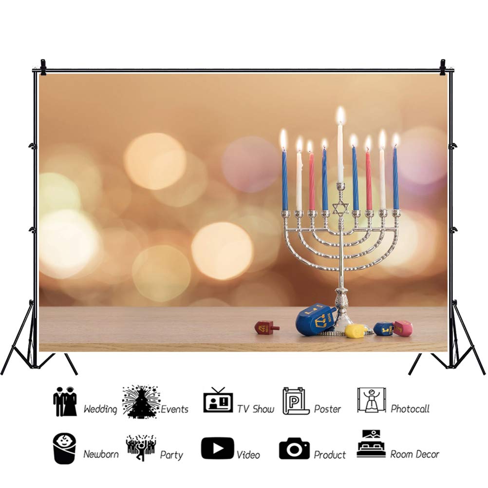 CSFOTO 10x7ft Happy Hanukkah Backdrop - Jewish Chanukah Photography Background with Burning Candles, Menorah & Wooden Dreidels - Traditional Festival Celebration Photo Props for Holiday Parties, Family Gatherings & Social Media Content