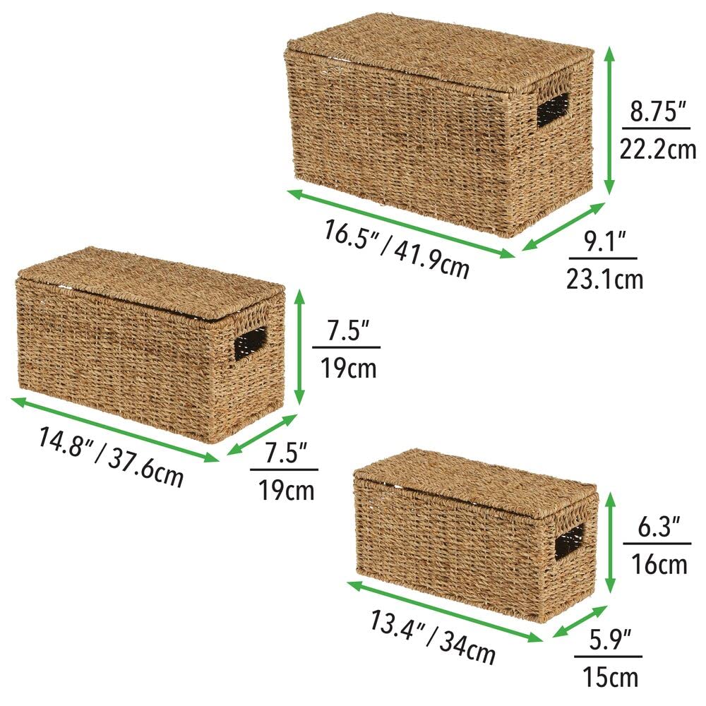 Natural Woven Seagrass Storage Baskets with Removable Lids - Set of 3 for Closet, Bedroom, Bathroom & Office Organization | Eco-Friendly Home Decor for Laundry, Entryway & Shelf Storage