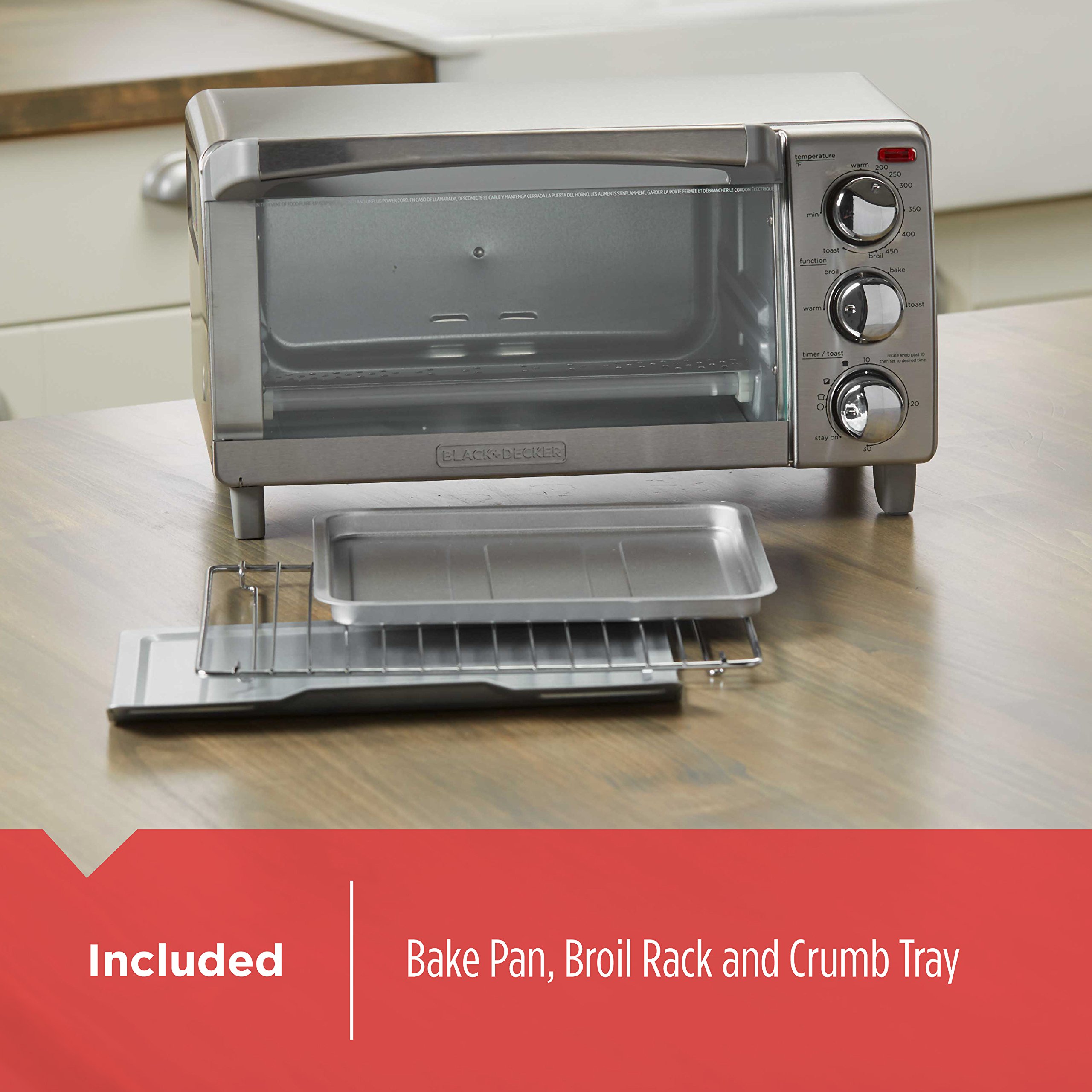 BLACK+DECKER 4-Slice Toaster Oven with Even Toast Technology - Bake, Broil, Toast & Keep Warm Functions - Removable Crumb Tray & Timer - Perfect for Breakfast, Snacks & Small Meals (Model TO1745SSG-1A)