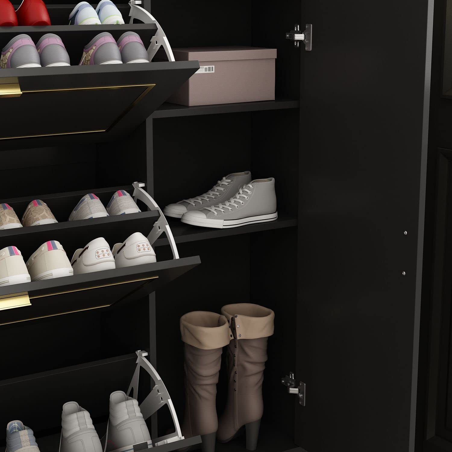 FAMAPY 3-Tier Shoe Storage Cabinet with Flip Drawers & Locker - Wooden Entryway Shoe Organizer for Hallway, Closet or Bedroom - Black and Gold Modern Design (47.2”W x 9.5”D x 47.2”H) - Perfect for Small Spaces, Apartment Living & Shoe Organization