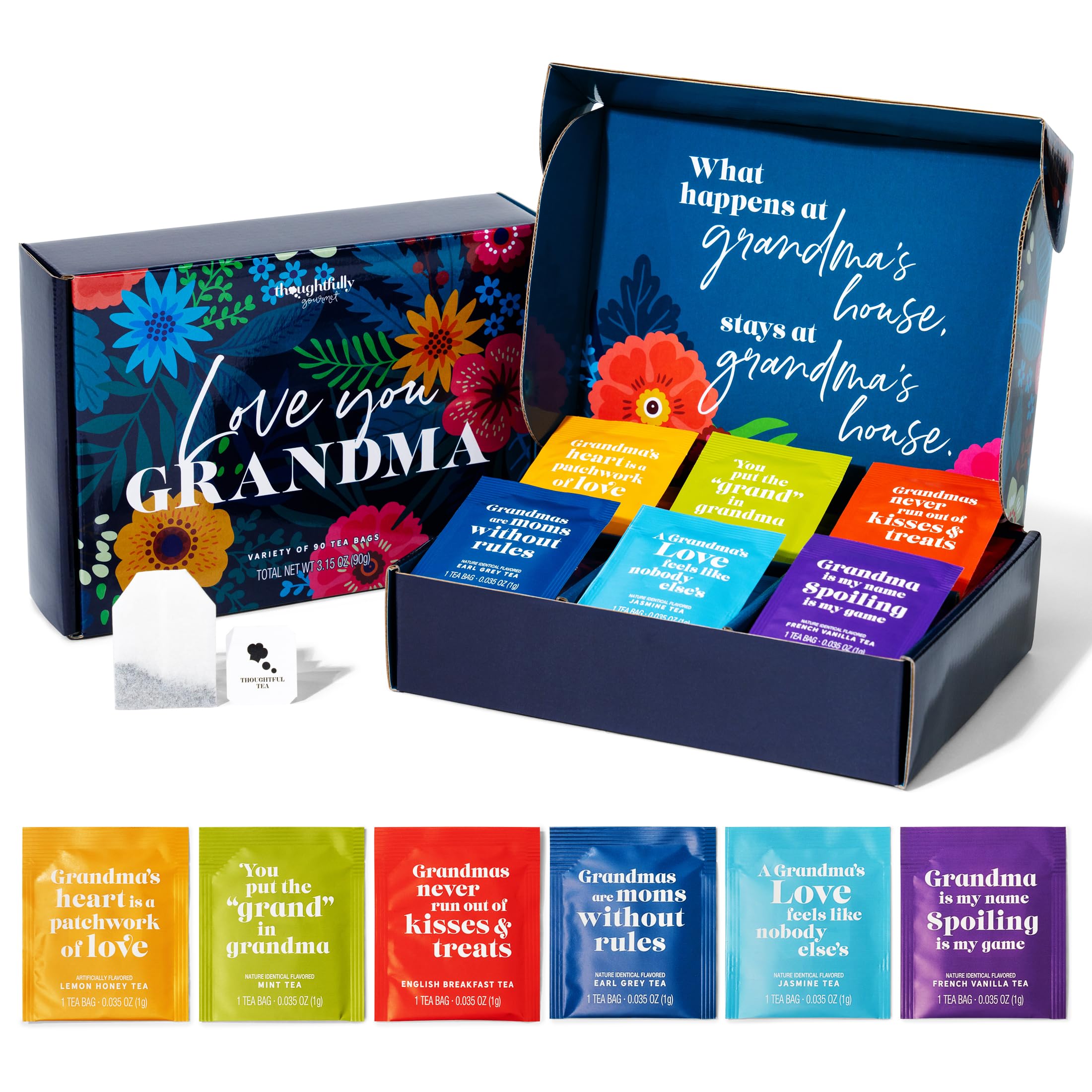 Thoughtfully Gourmet Tea Gift Set - 6 Flavor Tea Sampler with Inspirational Quotes | Perfect Grandma Gifts for Birthday, Mother's Day & Holidays (90 Count) - Ideal for Afternoon Tea, Relaxation & Heartwarming Moments