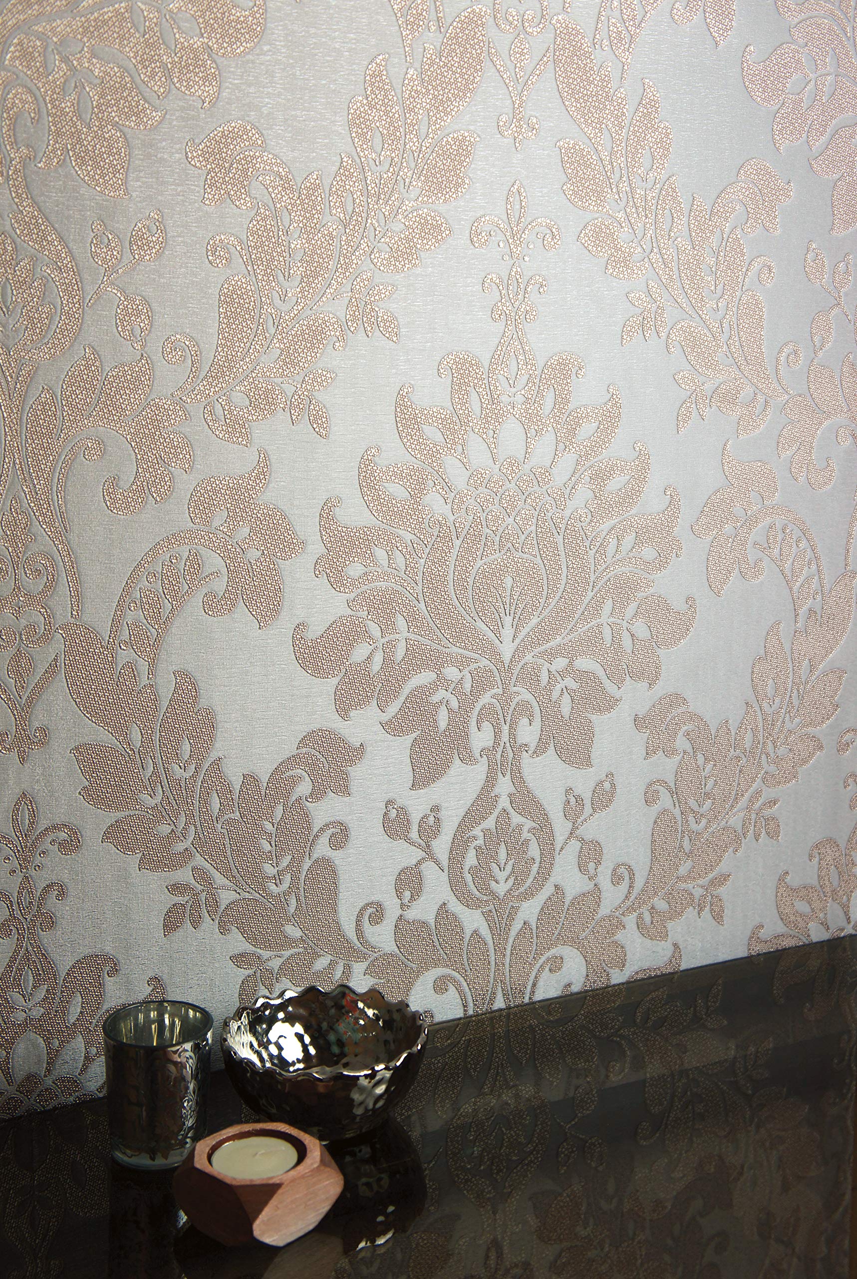 Opus Damask Rose Gold Grey Metallic Holden Wallpaper - Peel and Stick Removable Wallpaper for Bedroom, Living Room, Nursery & Office Decor