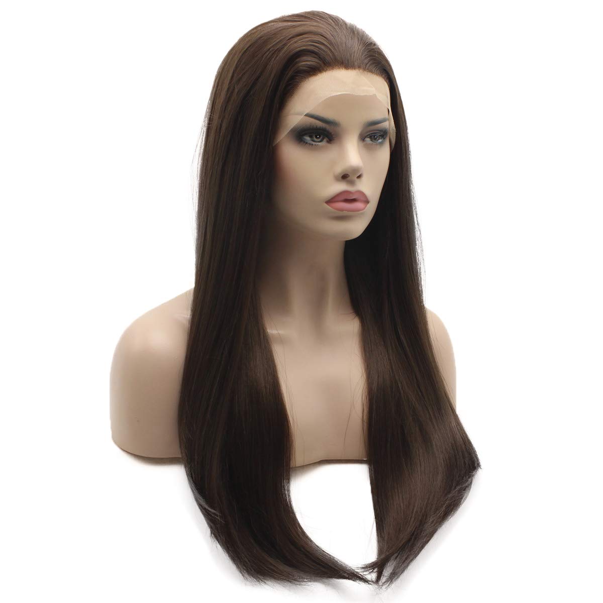 24 Inch Heat Resistant Synthetic Lace Front Wig - Straight Long Brown Mix Heavy Density Hair for Everyday Wear & Cosplay