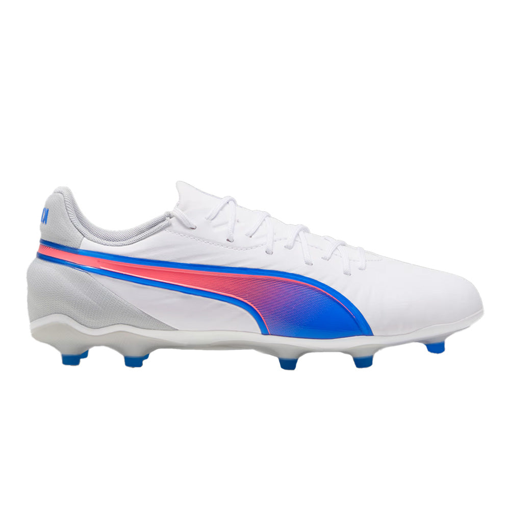 Puma King Match FG/AG Soccer Cleats for Men - White/Bluemazing/Light Grey Football Shoes - Perfect for Artificial Grass & Firm Ground Matches