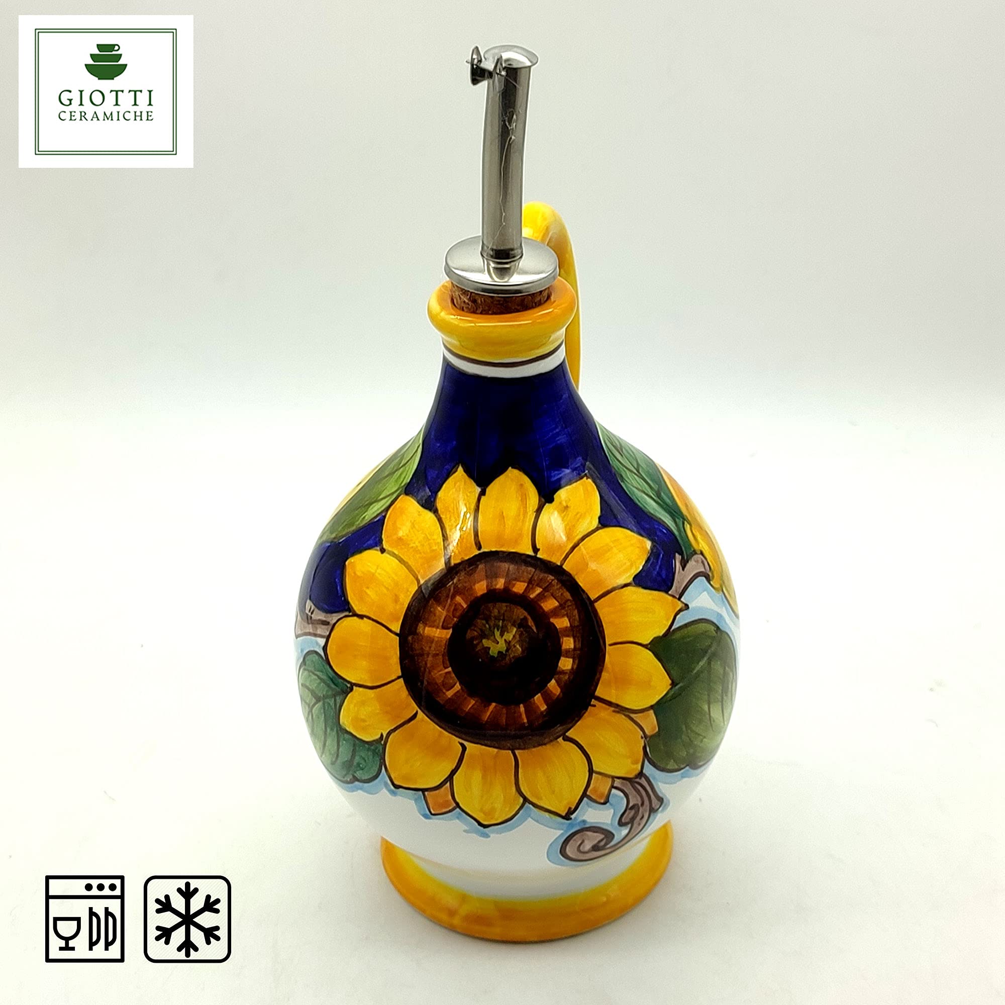 Italian Ceramic Olive Oil Dispenser Bottle XL Size 14oz - Hand Painted Tuscan Sunflower & Lemon Design - Premium Kitchen Oil Cruet - Made in Italy - Perfect for Cooking, Salad Dressing & Gourmet Food Presentation