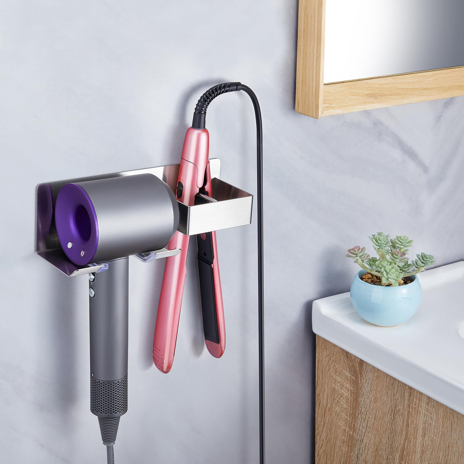 Wall Mounted Hair Dryer Holder - Stainless Steel Blow Dryer & Hair Straightener Organizer with Adhesive Backing - Perfect for Bathroom, Salon & Barber Shop Storage - Keep Hair Tools Tidy & Within Reach