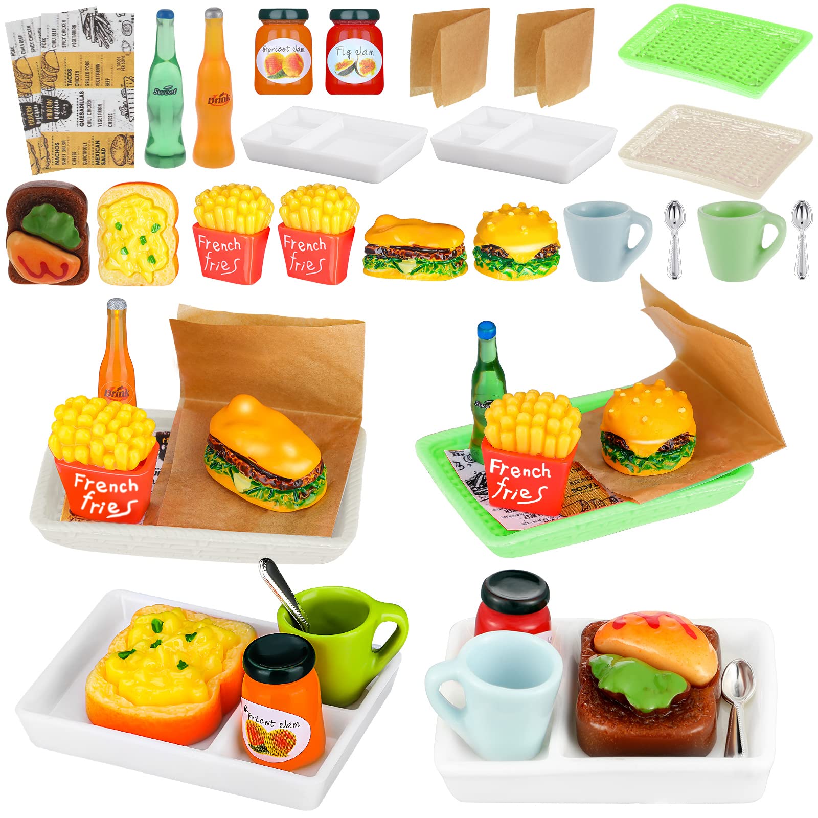 Miniature Tea Dollhouse Kitchen Accessories Set - 22PCS Miniature Resin Food Toys for Dollhouse Play (Hamburger, Juice, Milk, Bread, Jam, Cup, Egg) - Perfect for Pretend Play, Tea Parties & Kids Role-Playing Games