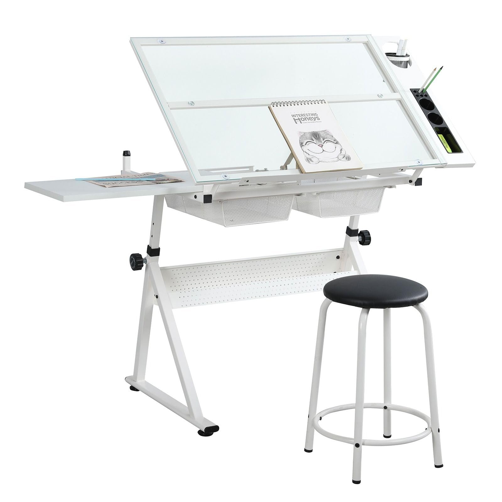 Adjustable Tempered Glass Drafting Table with Stool - Modern Art Studio Desk for Drawing, Design & Office Work | Perfect for Artists, Architects & Students in Home Office or School Settings
