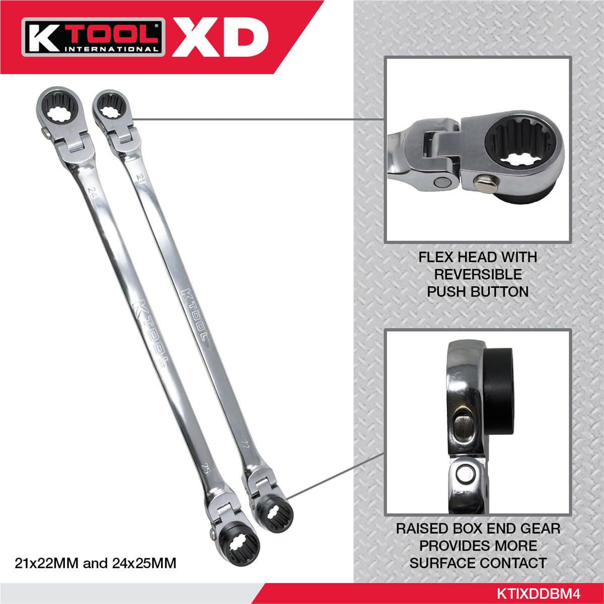 K Tool International XDDBM4 2-Piece Metric Reversible Double Box Ratcheting Wrench Set - 21, 22, 24, 25mm - 90 Tooth, 180° Flex Head, Universal Spline - Ideal for Automotive Repair, Garage, DIY Projects & Professional Mechanics