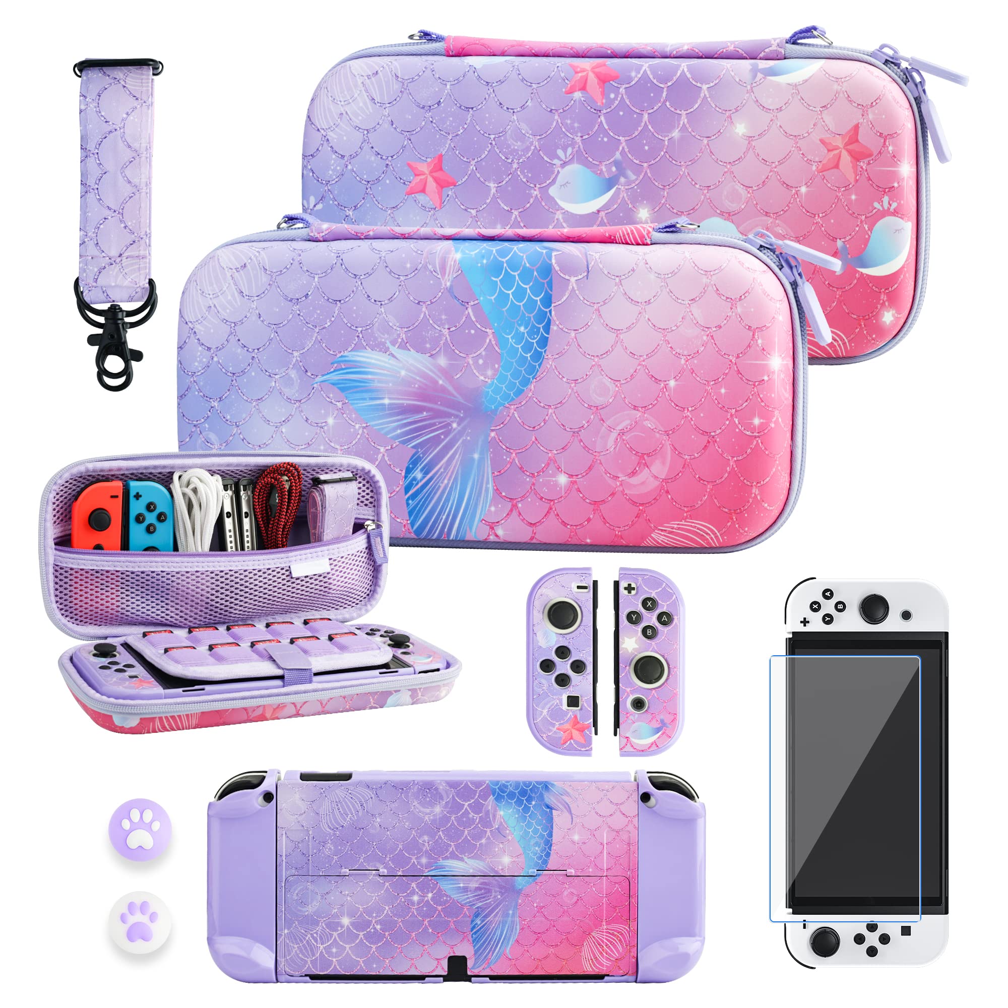 RHOTALL Purple Carrying Case for Nintendo Switch OLED - Hard Protective Storage Case with Screen Protector, Adjustable Shoulder Strap & 2 Thumb Caps | Perfect for Travel, Gaming Parties & On-the-Go Protection