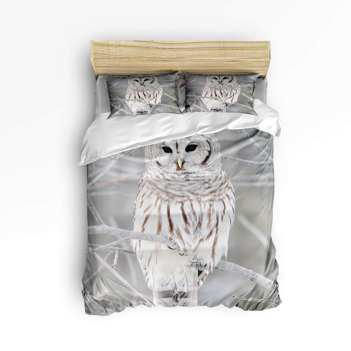 Bilagawa Queen Size 4-Piece Comforter Set - Owl on Branch Winter Landscape Duvet Cover, Flat Sheet & Pillowcases | Cozy Christmas Bedding for Holiday Decor & Winter Warmth
