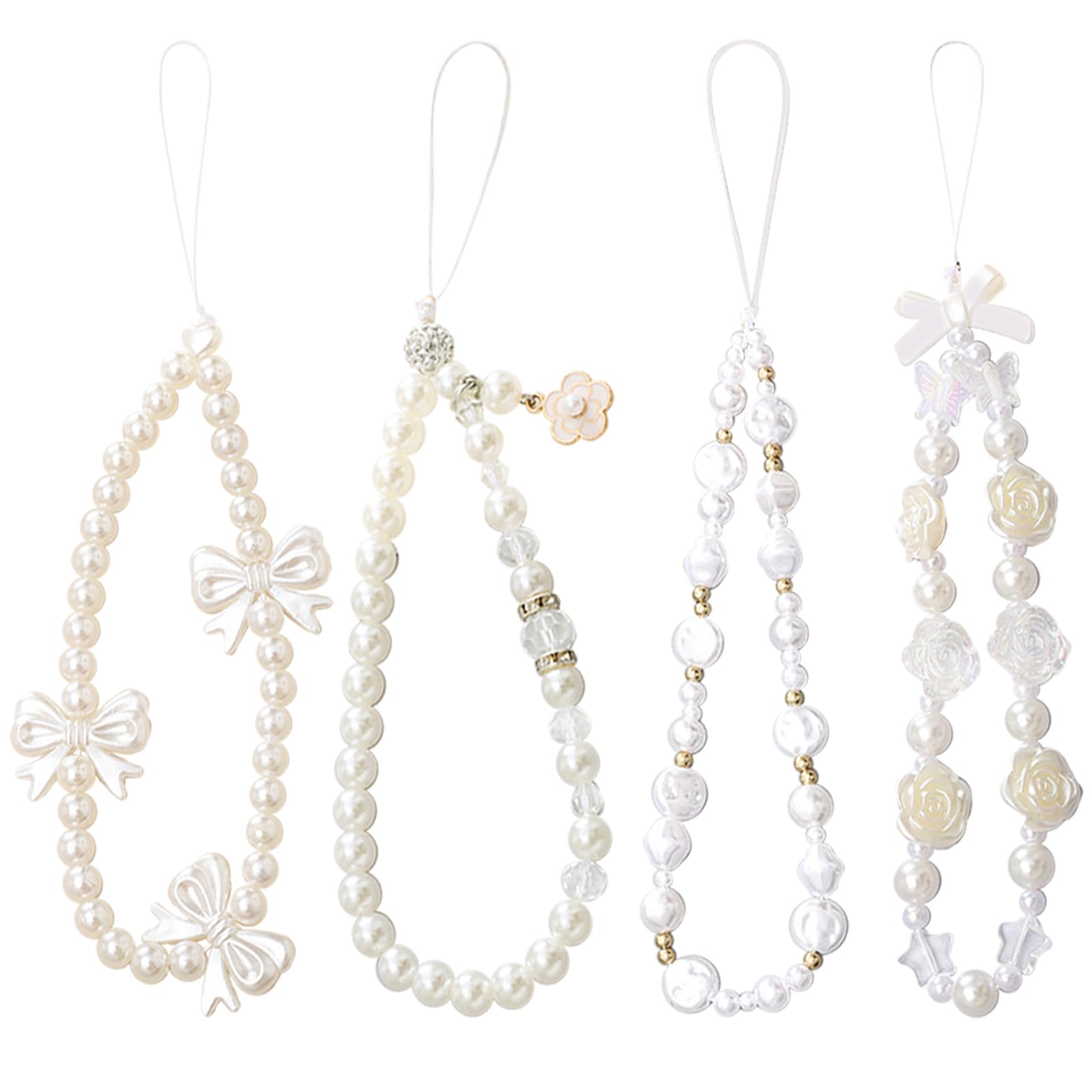 DKDDSSS 4-Pack White Pearl Phone Strap - Stylish Beaded Phone Chain Jewelry for Women & Girls, Durable Plastic Phone Accessories for Everyday Use, Party, and Gift Giving
