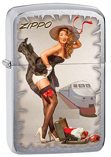 Zippo Brushed Chrome Windproof Lighter with Pin-Up Girl Design - Perfect for Travel, Camping & Outdoor Adventures (Model 80583)