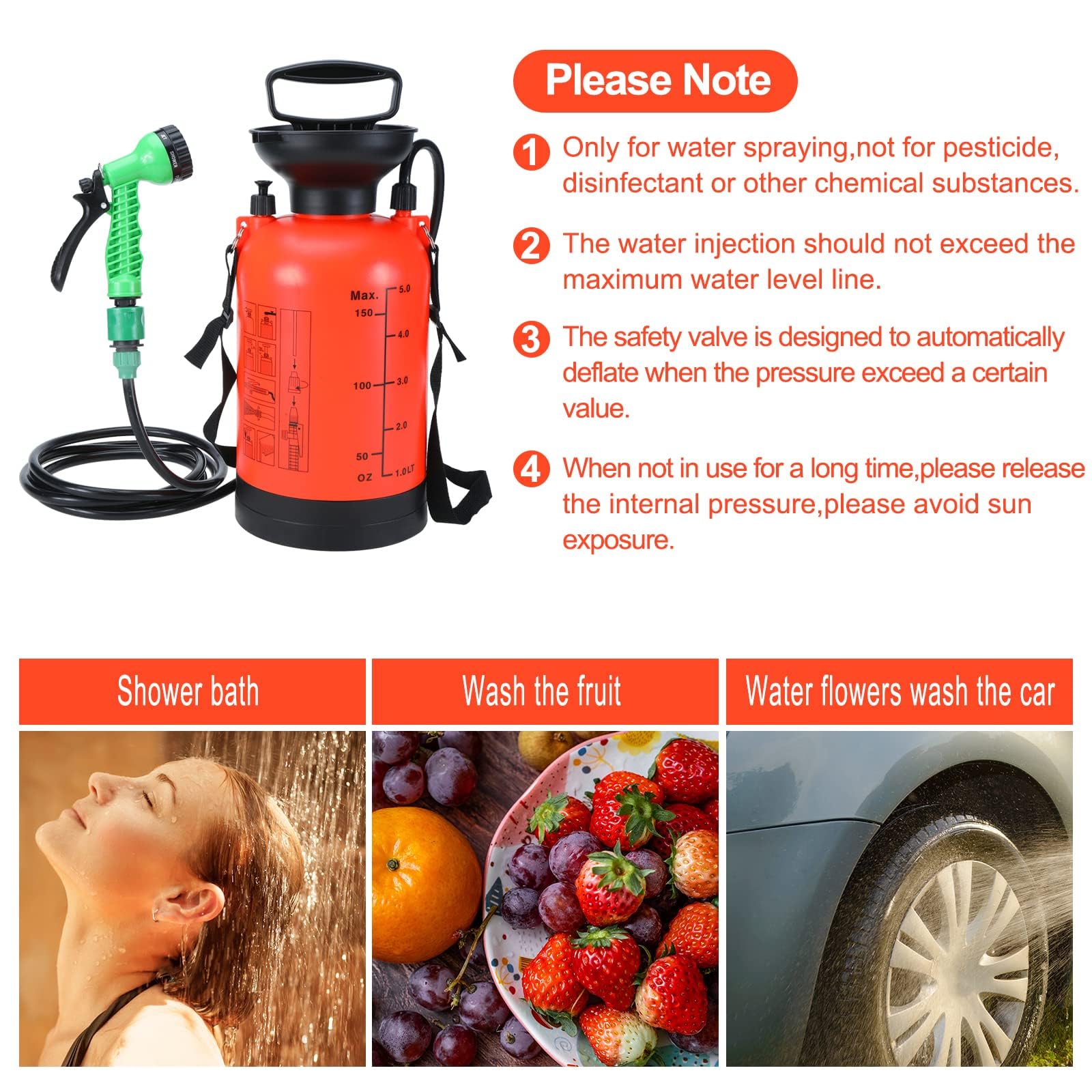Portable Camping Shower with 7 Spray Modes - Hand Press Outdoor Shower with Removable Hose & Shower Head - Pressure Rinse Kit for Hiking, Travel, Beach, Garden & Pet Washing - Ideal for RV Trips, Backpacking & Emergency Use