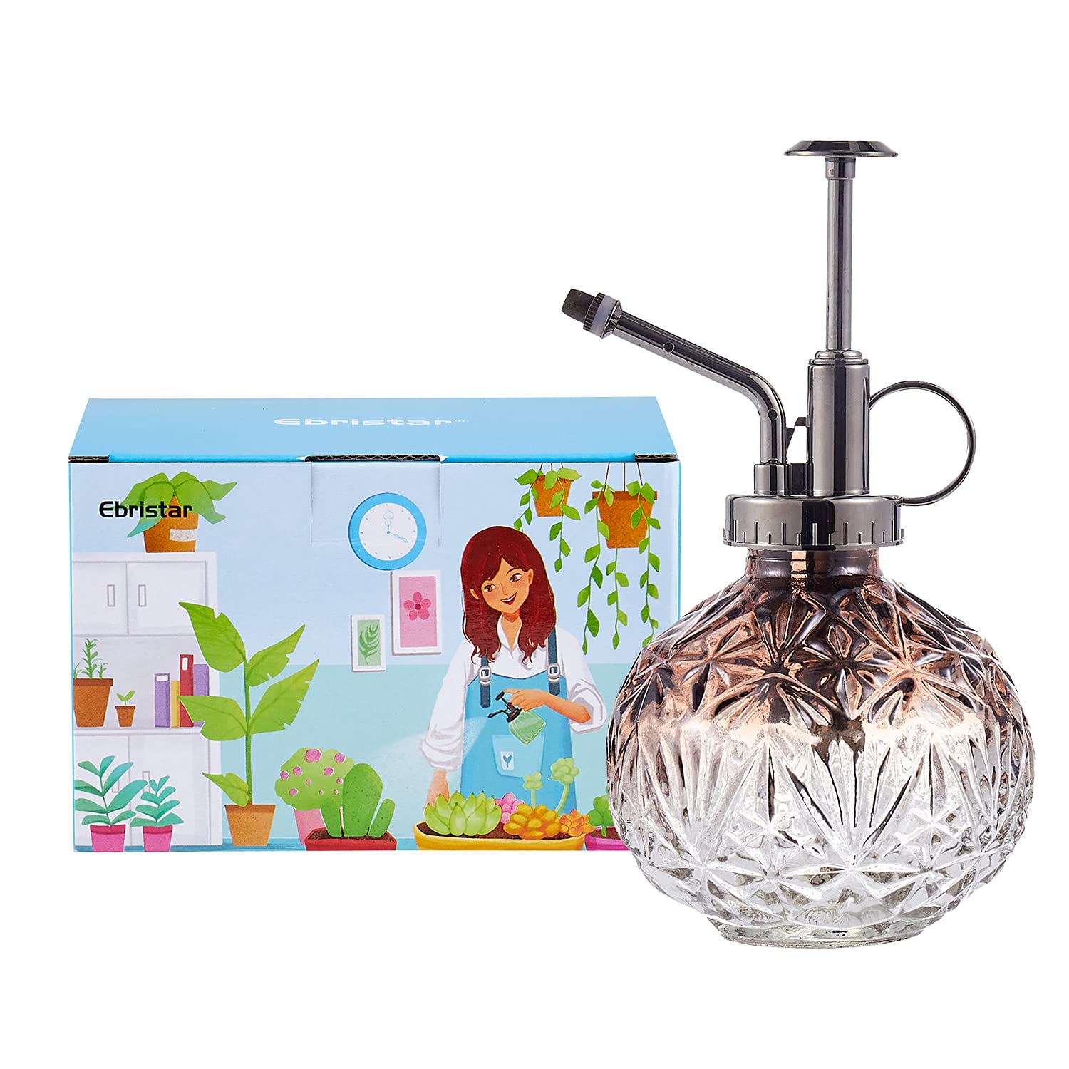 Ebristar Vintage Style Glass Plant Mister - Plastic Top Pump Spray Bottle for Succulents & Houseplants | Indoor/Outdoor Watering Can for Home, Garden, Office Decor | Perfect for Hydrating Plants, Cleaning Leaves & Creating Humidity