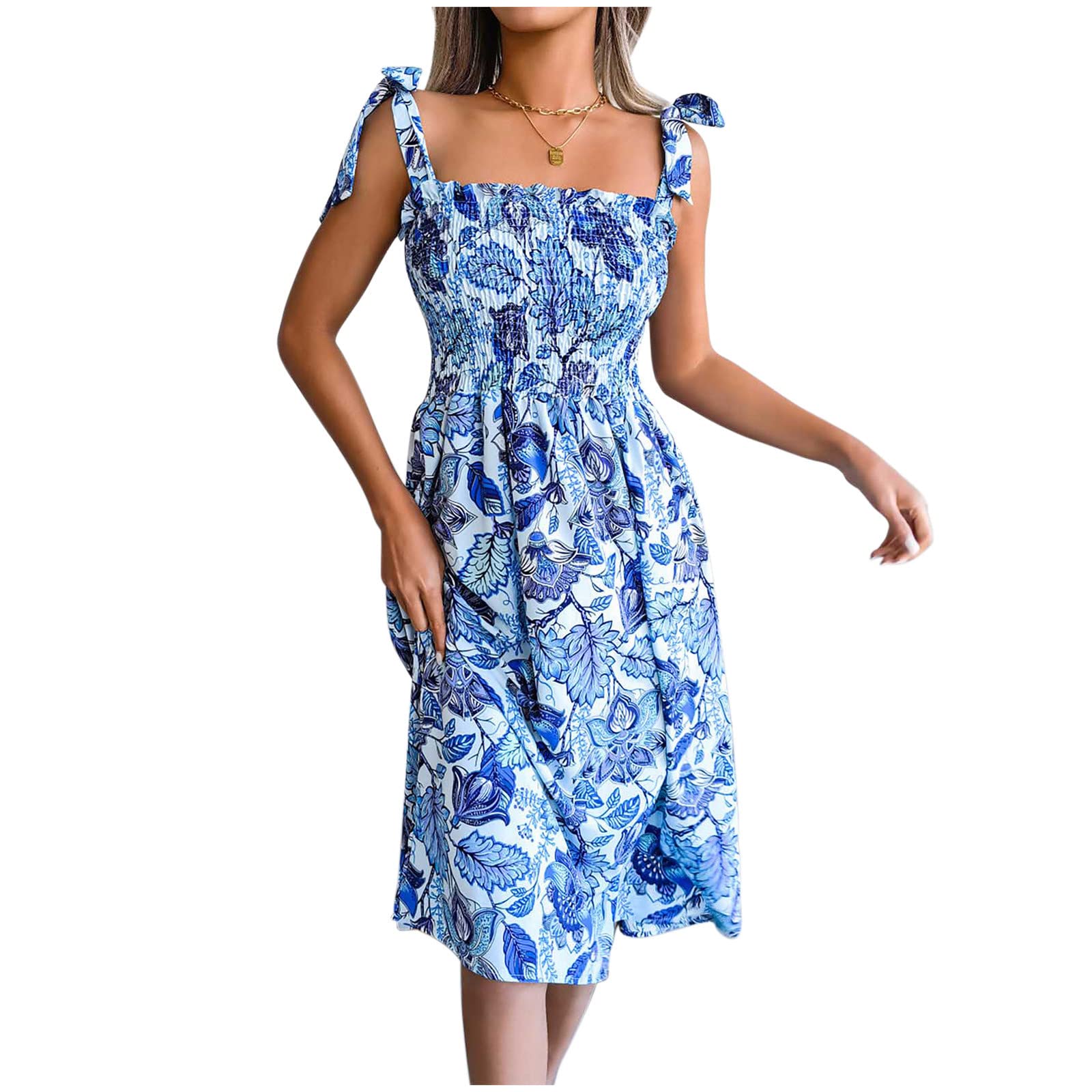 Boho Floral Print Sundress for Women - Sleeveless Midi Dress with Ruffle Straps, Summer Beach Swing Dress | Perfect for Vacations, Pool Parties & Outdoor Events