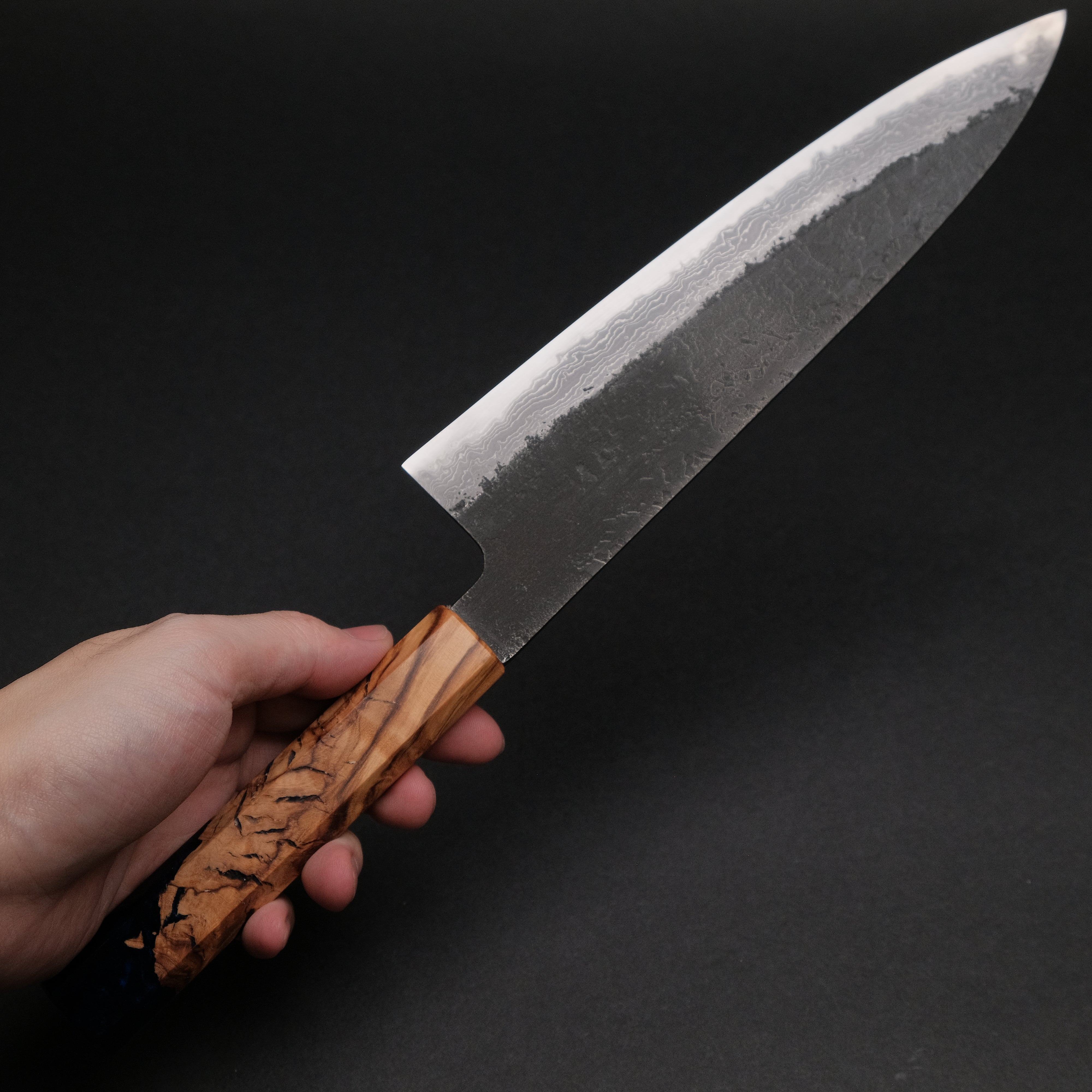 Premium Ajikataya White #2 Nashiji Damascus Gyuto 210mm Chef Knife - Olive Wood & Resin Handle (#46) - Perfect for Sushi, Meat Slicing & Professional Kitchen Use