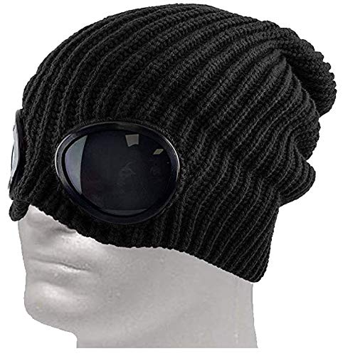 BIGFOOT Winter Beanie Hat with Goggles - Ribbed Knit Cuff Unisex Black Skiing Snowboarding Outdoor Activities