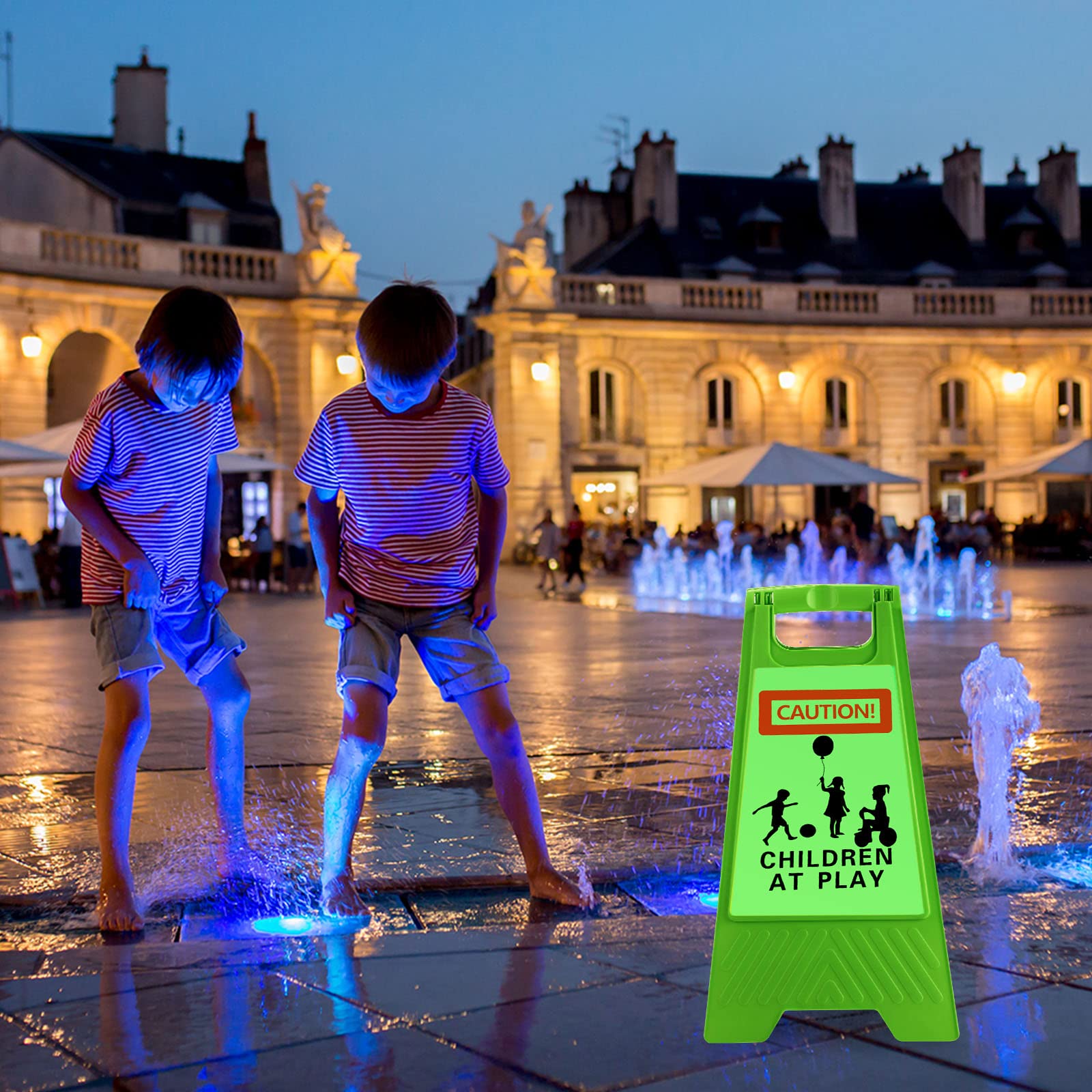 2 Pack Double-Sided 24 Inch Reflective Slow Down Kids at Play Signs - Portable Handle Safety Warning Boards for Streets, Neighborhoods, Schools & Parks - High Visibility Green for Day & Night Use - Perfect for Sidewalks, Driveways & Residential Areas