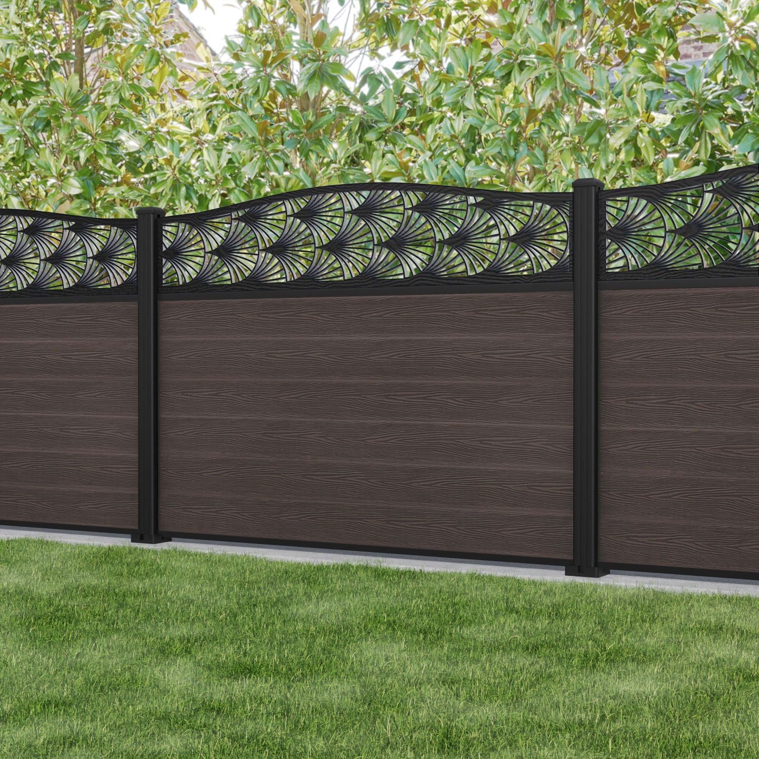 Classic Laurel Curved Top Fence Panel - Mid Brown Wood Privacy Screen with Aluminum Posts | Outdoor Garden Fence, Backyard Privacy Screen, Patio & Poolside Barrier