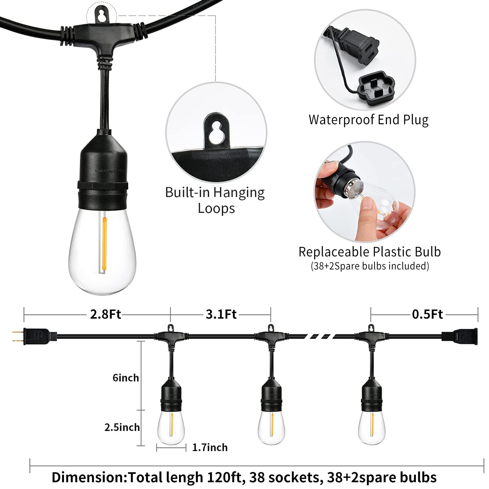 120 FT Outdoor LED String Lights - Waterproof Shatterproof Patio Lights with 40 Warm White Edison Bulbs - Perfect for Gazebo, Pergola, Backyard, Garden & Bistro Decor - Black Commercial Grade Market Lights
