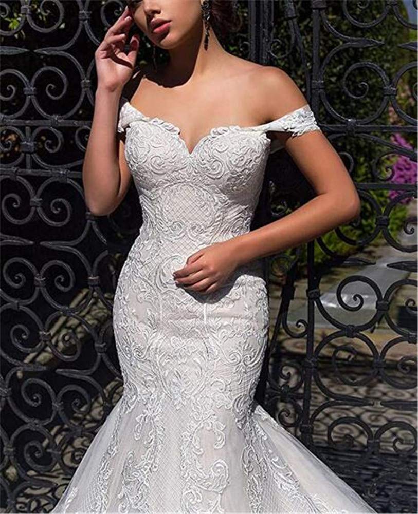 Elegant Off-Shoulder Lace Mermaid Wedding Dress with Tulle Applique - Perfect for Bridal Gowns, Beach Weddings & Formal Ceremonies