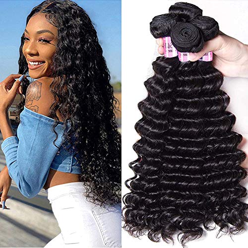 Unice Hair 3 Bundles Brazilian Virgin Human Hair Weaves - 100% Unprocessed Deep Wave Hair Extensions (18 18 20 Inches) Natural Black Color, Bleach & Dye Friendly - Perfect for Daily Wear, Special Occasions & Styling