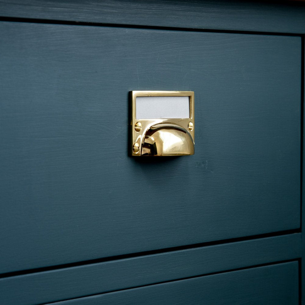 Polished Brass Hooded Drawer Handle with Card Frame - Vintage Cabinet Pulls for Kitchen & Bathroom Renovation - Perfect for Dressers, Cabinets and Furniture Upgrades
