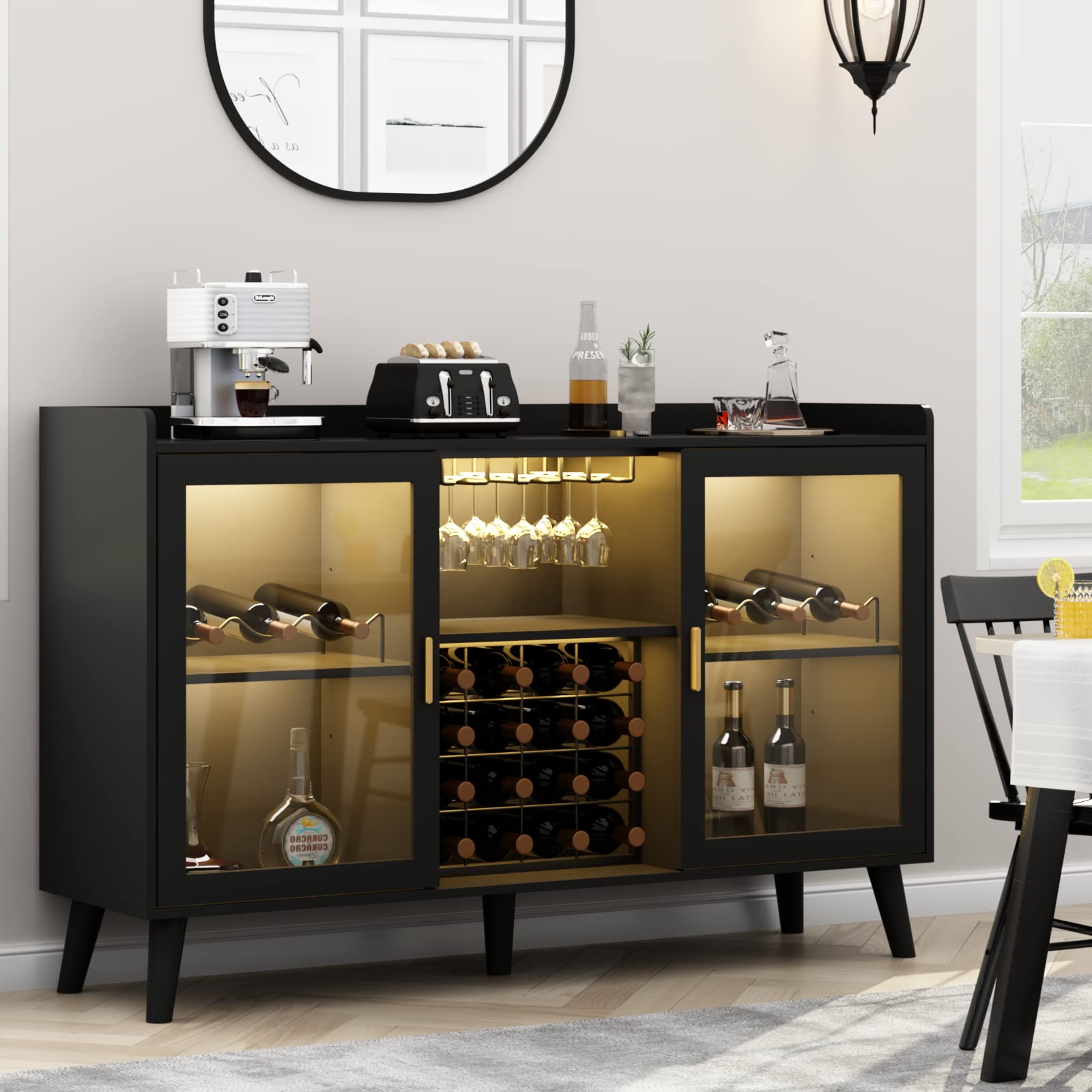 Modern Wine Bar Cabinet with LED Lights - Freestanding Kitchen Sideboard Buffet with Wine Rack, Glass Holder & Storage Shelf - Black Glass Door Liquor Cabinet for Dining Room, Living Room & Home Bar Decor