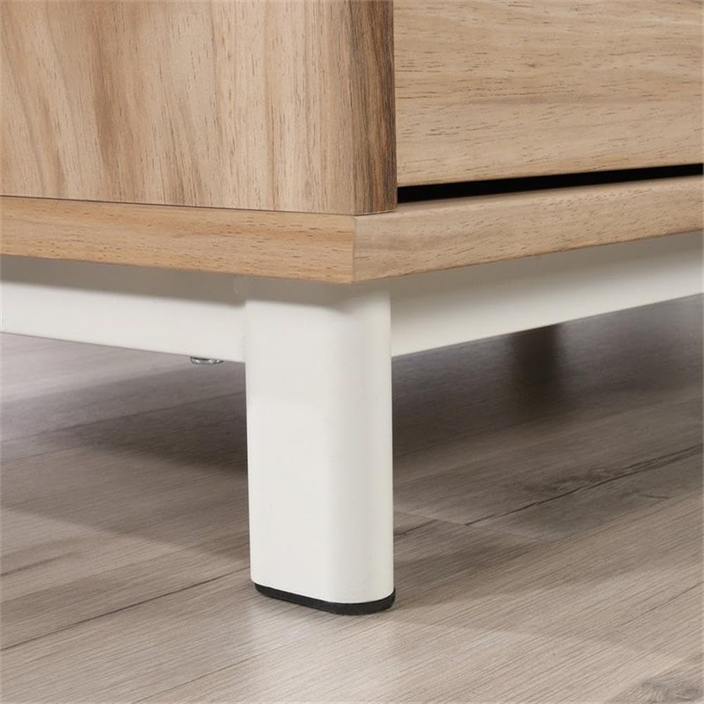 Pemberly Row Engineered Wood L-Shape Desk in Kiln Acacia Brown - Modern Home Office Desk for Small Spaces, Gaming & Study - Sturdy Workstation with Storage Shelf
