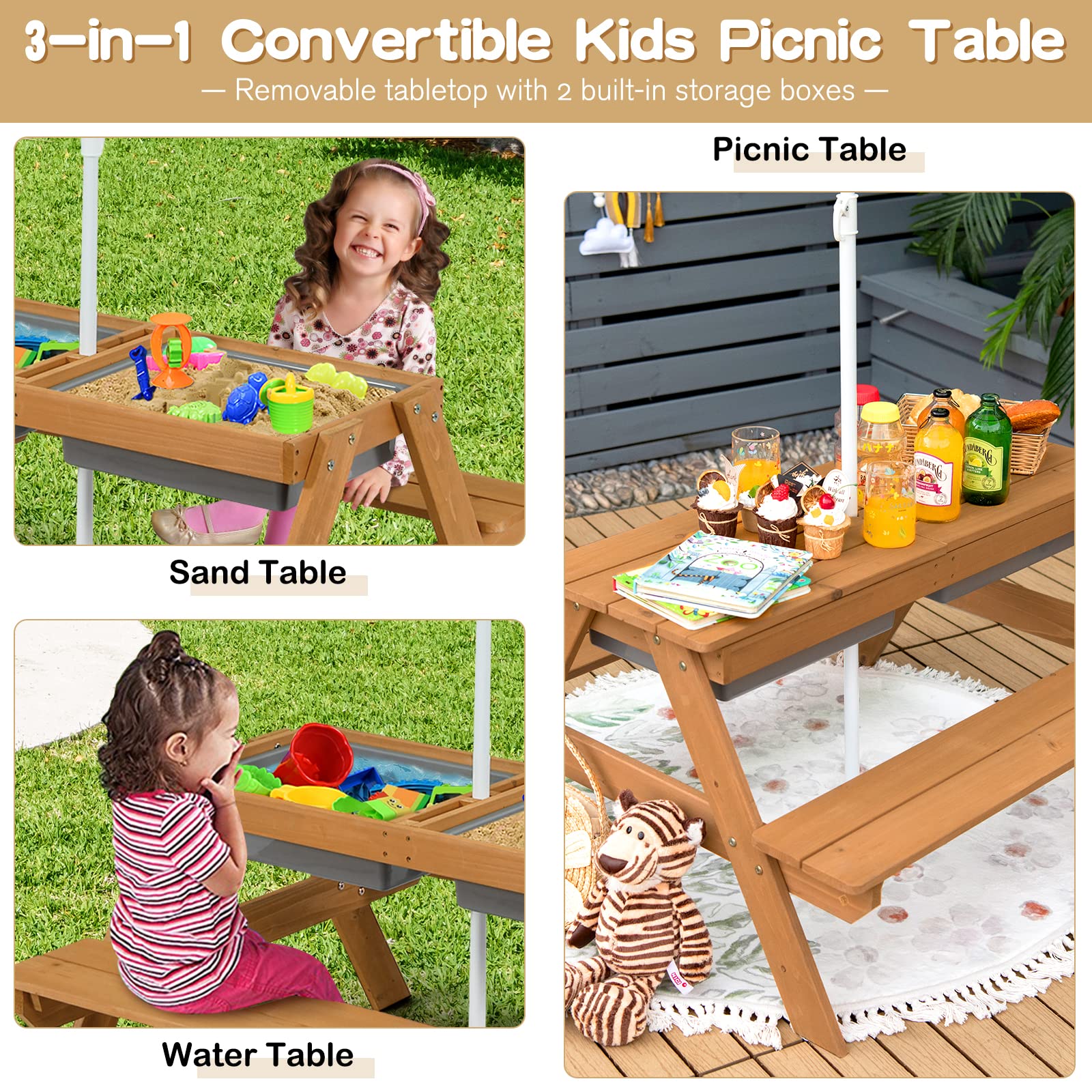 Costzon 4-in-1 Adjustable Kids Picnic Table with Sensory Bins - Sand & Water Play Table, Removable Tabletop & Height-Adjustable Umbrella - Durable Wooden Outdoor Play Table for Backyard, Patio, Preschool & Daycare Activities