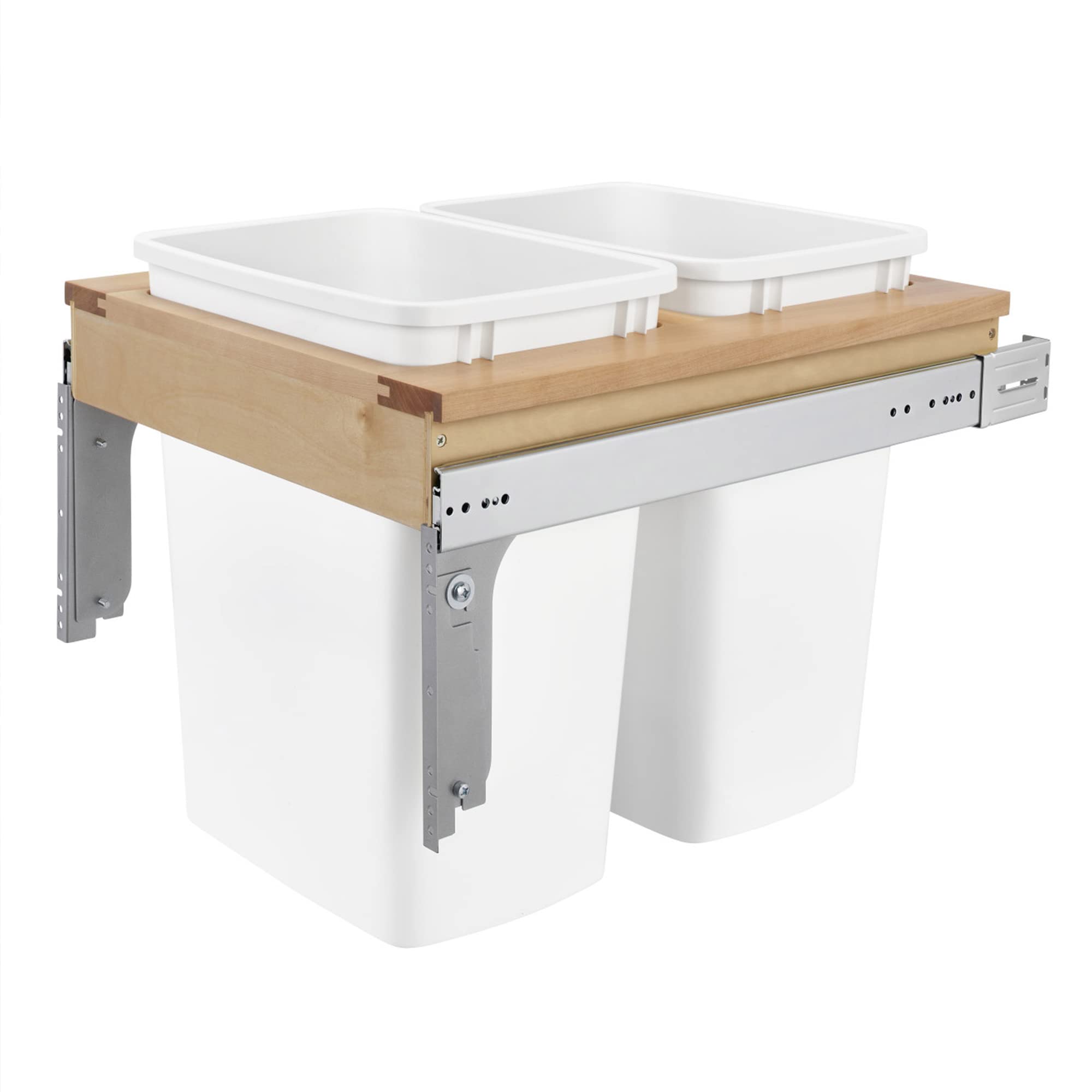 Rev-A-Shelf 35 Qt Double Pullout Trash Can - White Wood Top Mount Garbage Bin for Kitchen & Bathroom Cabinets, 18