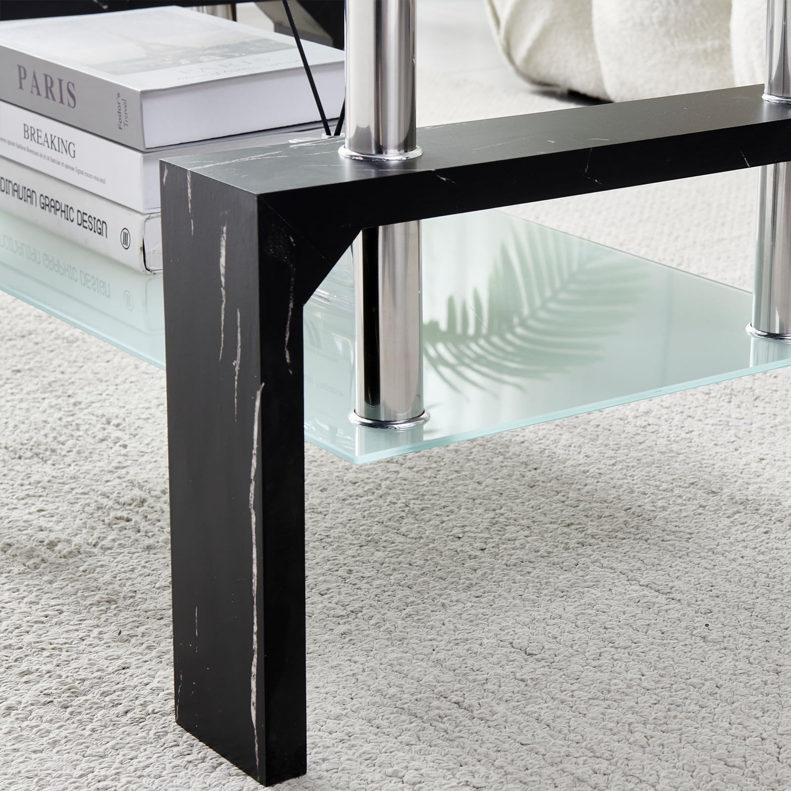 Modern Rectangle Coffee Table with Wooden Legs & Glass Top - Black Marble Base with Lower Shelf - Perfect for Living Room, Office Waiting Area & Lounge Spaces