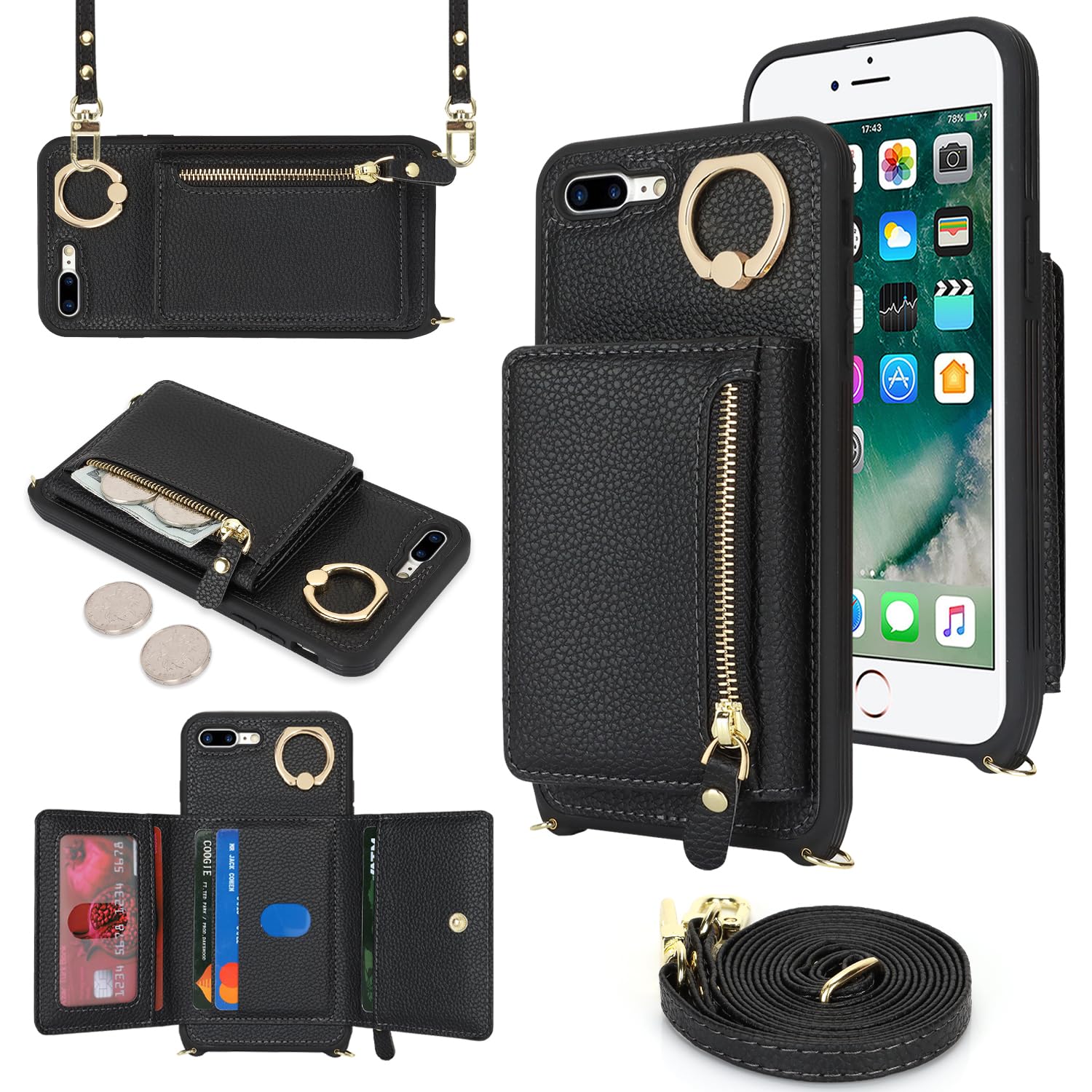 iPhone 8 Plus Case with Card Holder & Lanyard - Leather Wallet Case for Women | Perfect for Travel & Daily Use