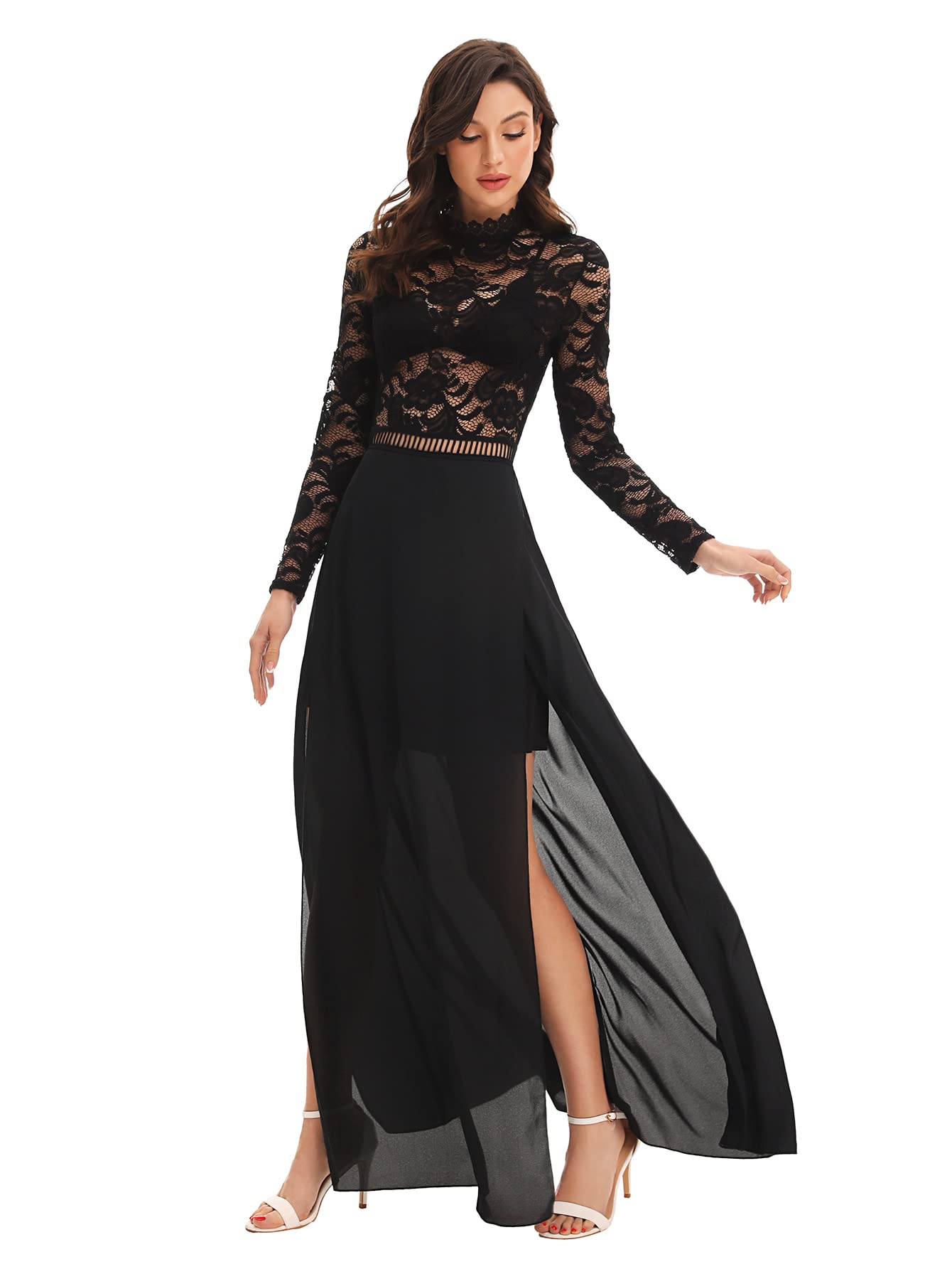 SweatyRocks Women's Sexy Sheer Lace Long Sleeve Split Maxi Cocktail Dress for Evening Party, Formal Events & Special Occasions