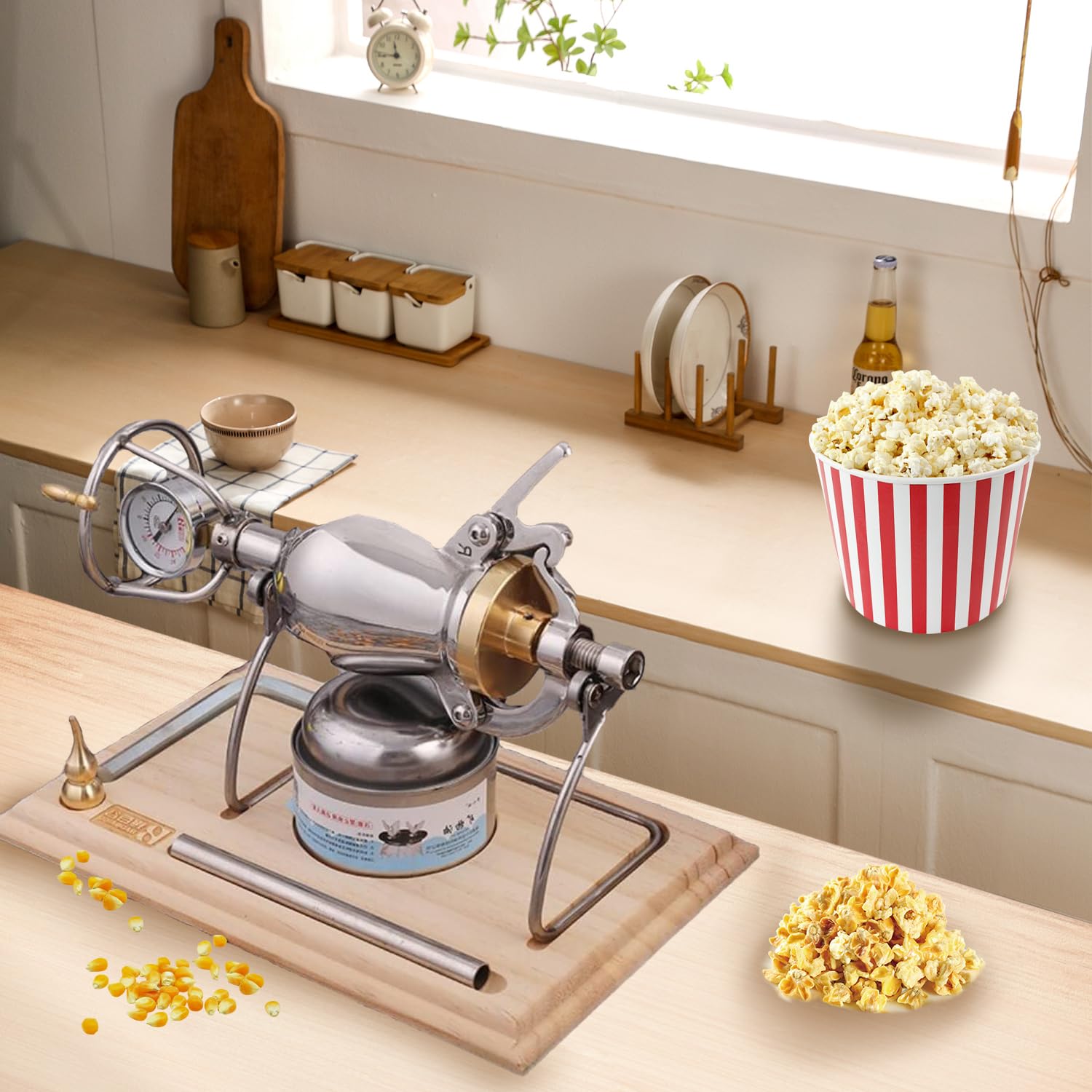 304 Stainless Steel Popcorn Maker Machine - 260ml Hot Air Popper with Wooden Base & Dual Pressure Valve - Perfect for Movie Nights, Parties, and Home Theater Snacks