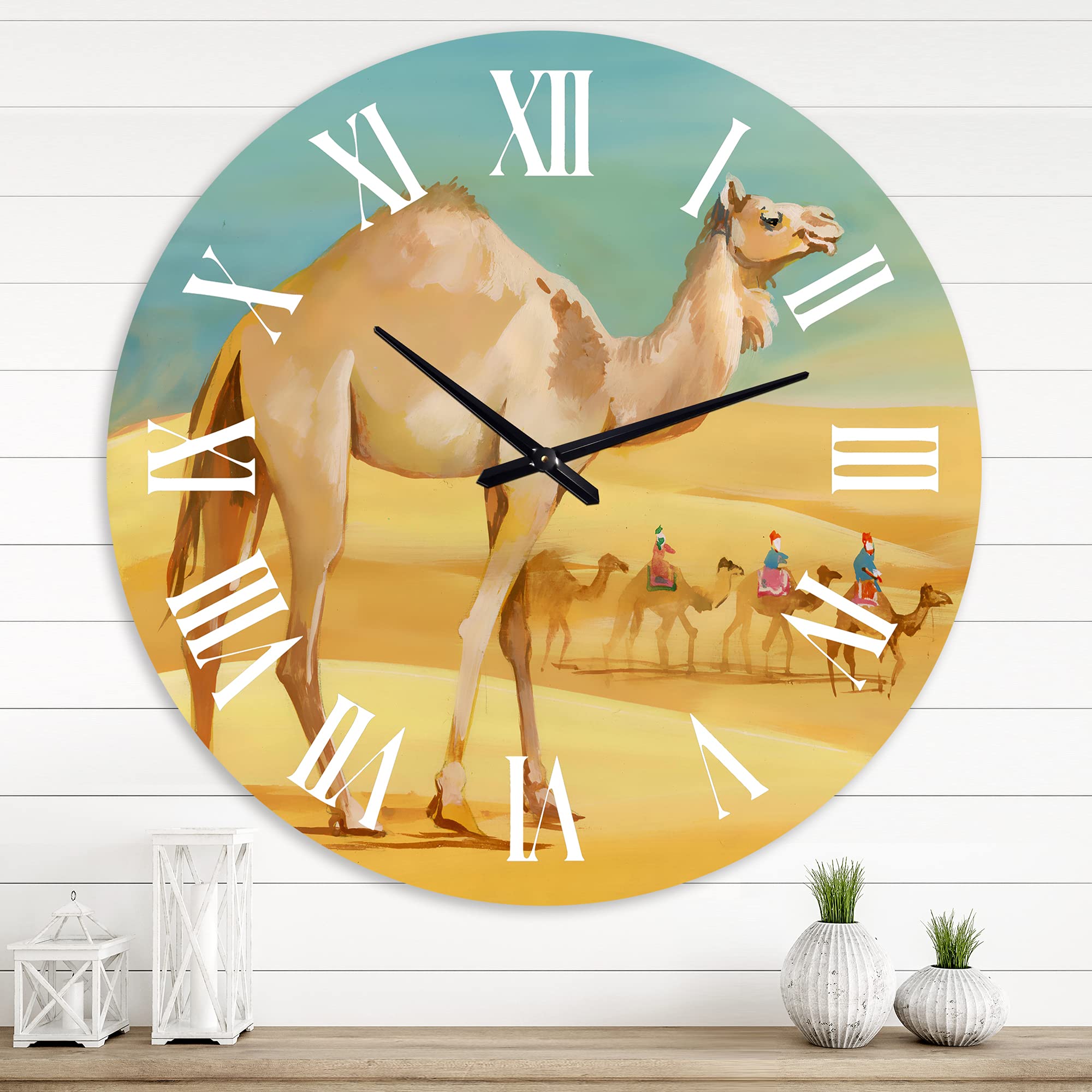 Camels in Desert Large Wall Clock - Farmhouse DesignQ Animal Decor for Bedroom, Living Room, and Office