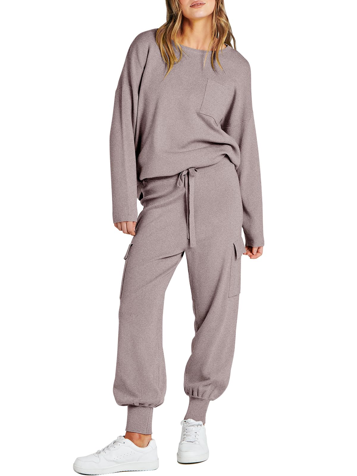 ANRABESS Women's Knit Sweater and Cargo Jogger Pants Two Piece Lounge Set - Long Sleeve Pullover Top with Pockets | Casual Outfit for Home, Travel & Streetwear Fashion