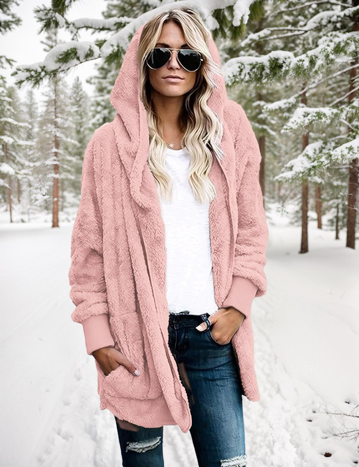 Zilcremo Women's Hooded Cardigan Fuzzy Jacket - Winter Open Front Fleece Coat with Pockets | Cozy Loungewear for Home, Office & Outdoor Activities