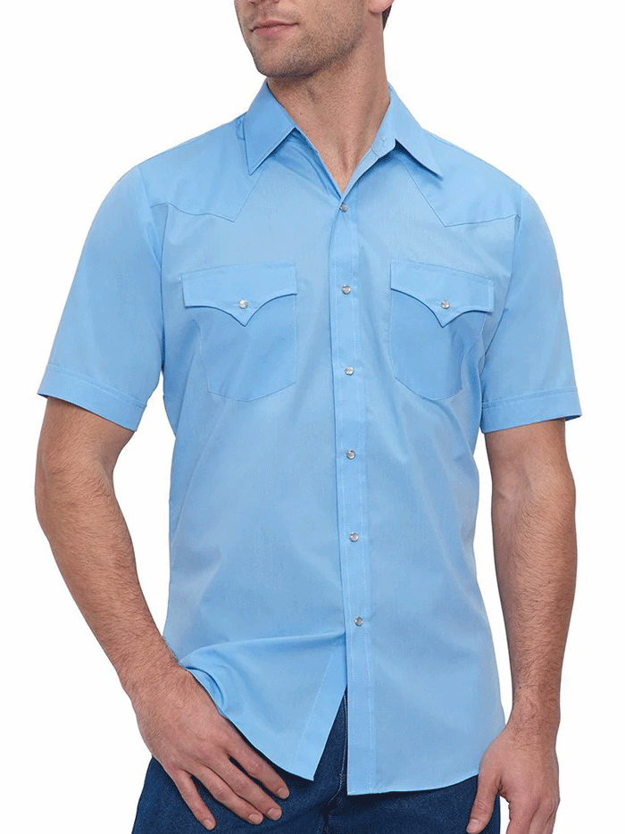 Ely Cattleman 15201605 82 Men's Light Blue Short Sleeve Western Shirt - Comfortable Cowboy Style for Rodeo, Ranch Work & Casual Wear