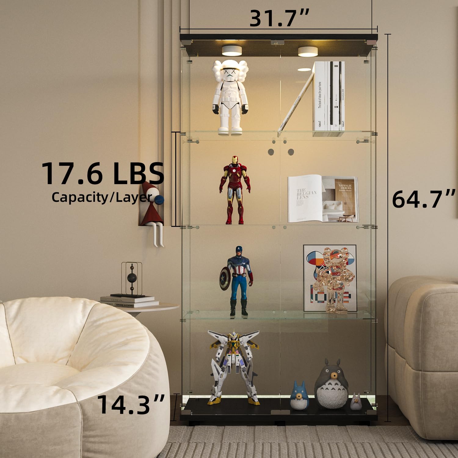 Glass Display Cabinet with LED Lights & Lock - Clear Curio Cabinet for Collectibles, Action Figures & Anime - 4 Shelf Double Door (Black) - Perfect for Home, Office & Retail Store Displays