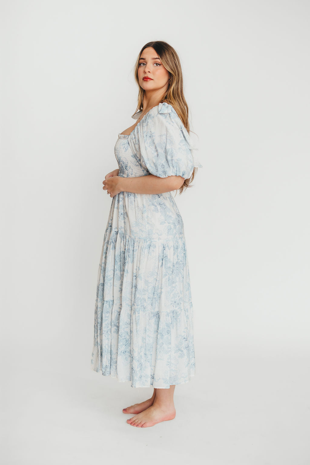 Elena Floral Print Smocked Midi Dress in Blue - Bump Friendly Maternity Dress & Inclusive Sizing for Women - Perfect for Baby Showers, Bridal Events & Summer Weddings