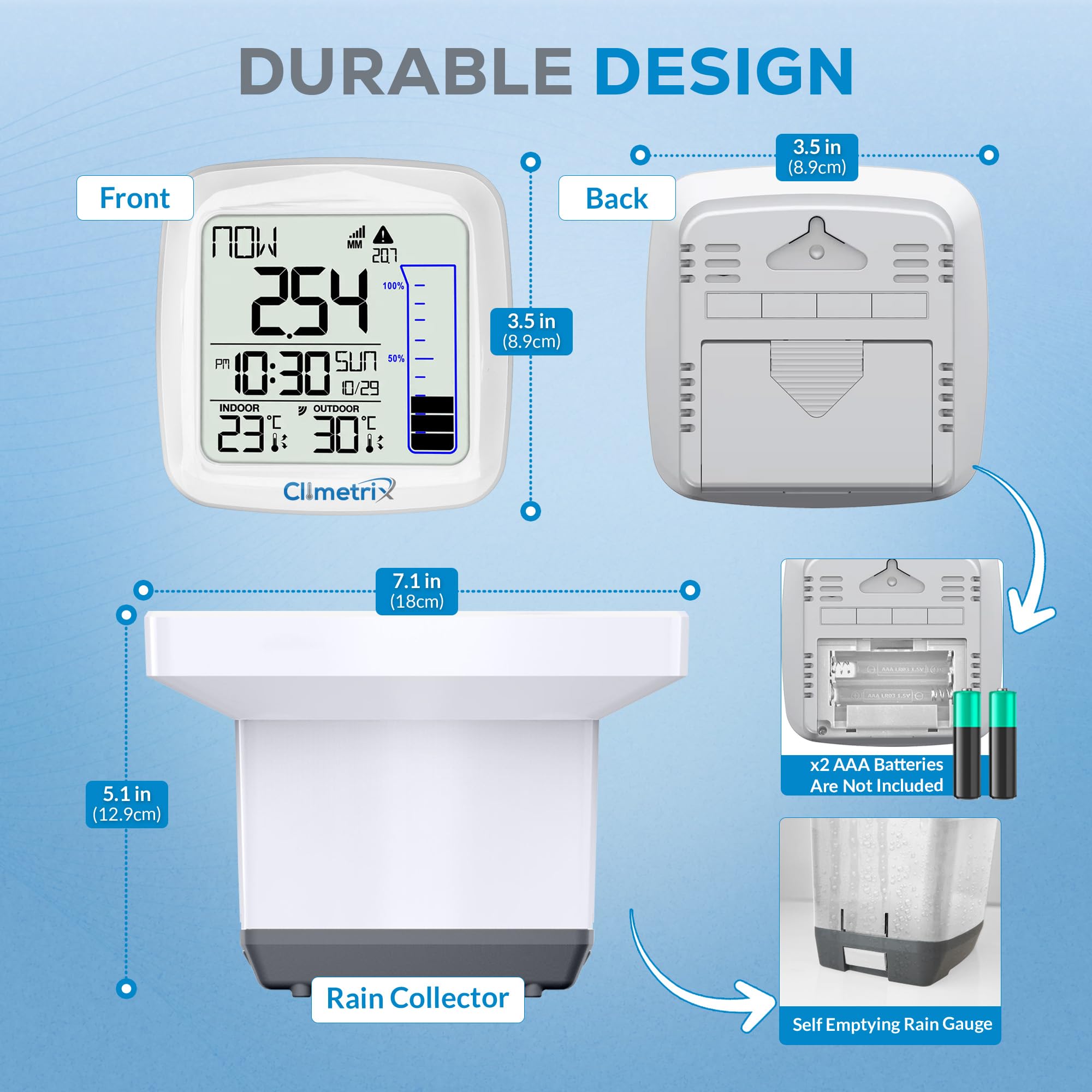 Wireless Digital Rain Gauge with Self-Emptying Design - Accurate Rainfall Measurement & Precipitation Forecasting | 200ft Transmission Range | Includes Indoor/Outdoor Thermometer | Perfect for Home Garden, Farm & Weather Monitoring